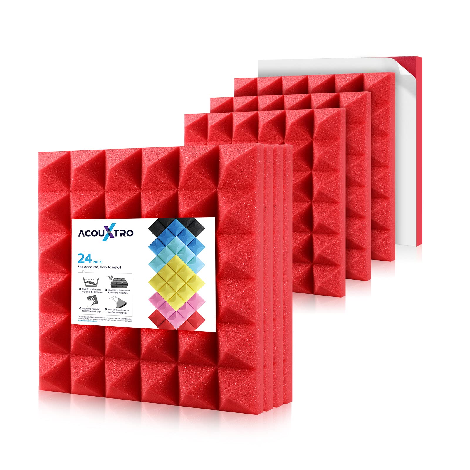 24 Pack Soundproof Foam Panels - 12x12x2 Inch Peel and Stick Acoustic Wall Padding for Music Studios & Home Theaters | Noise Reduction, Sound Absorption, Decorative Red Acoustic Panels for Walls (Perfect for Recording Studios, Home Offices, and Soundproofing Rooms)