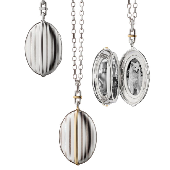 Two Tone Silver and Gold Pinstripe Locket Necklace with 4 Photo Compartments - Perfect for Anniversaries, Valentine's Day Gifts & Keepsake Jewelry