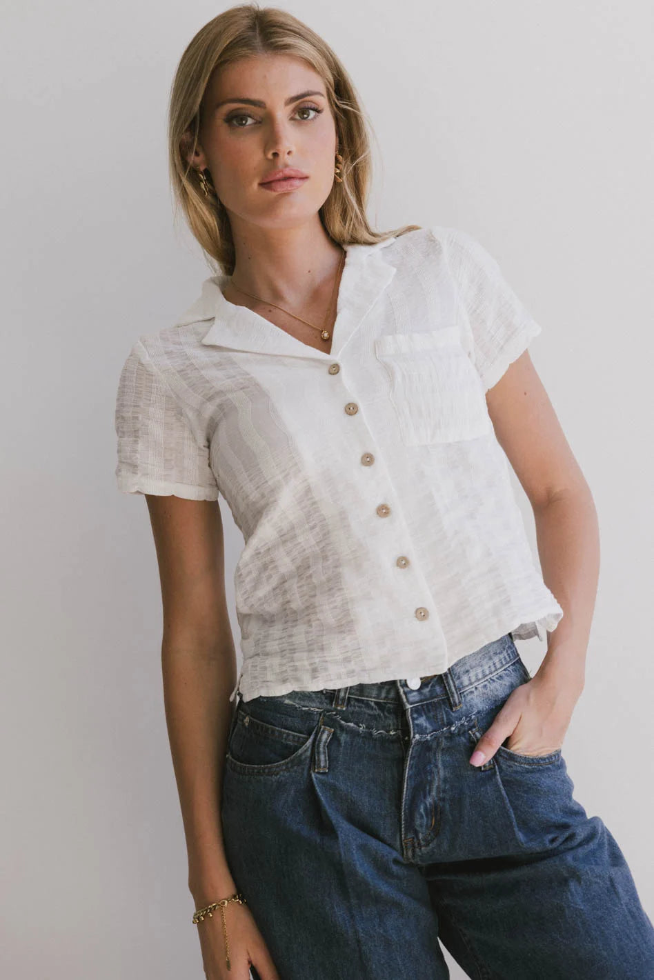 Berenice Women's Textured Button Up Shirt in White - Casual & Office Blouse for Work, Date, and Everyday Wear - FINAL SALE