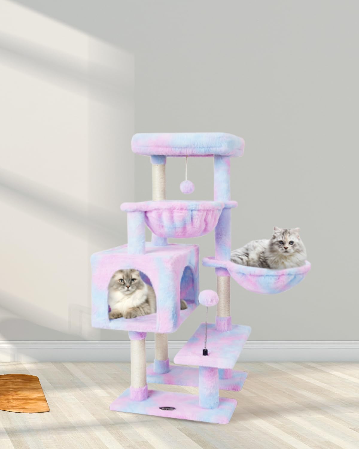 KIYUMI Multi-Level Cat Tree Tower with Sisal Scratching Post, Hammock, Perch & Kitten Ball Toys - Indoor Cat Furniture & Activity Center for Play, Rest & Climbing (Rainbow Design) - Perfect for Small Spaces, Apartments & Multi-Cat Homes