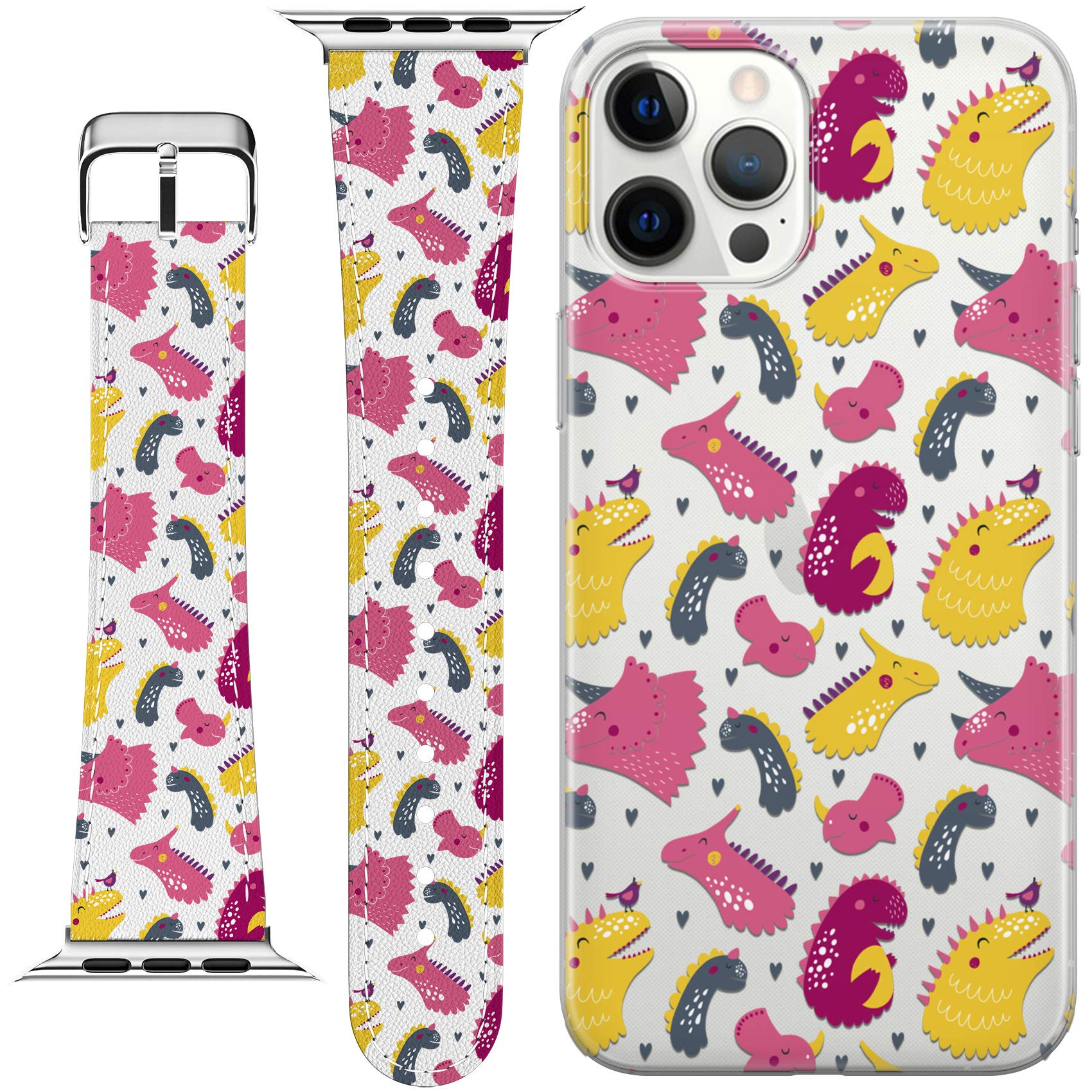 Cute Dinosaur Print PU Leather Wrist Band for Apple Watch Series 7/6/5/4/3/2/1/SE (38-40-41-42-44-45mm) - Matching Phone Case & Fantasy Bird Strap - Perfect for Kids, Teens and Dinosaur Lovers - Great for School, Workouts and Everyday Wear