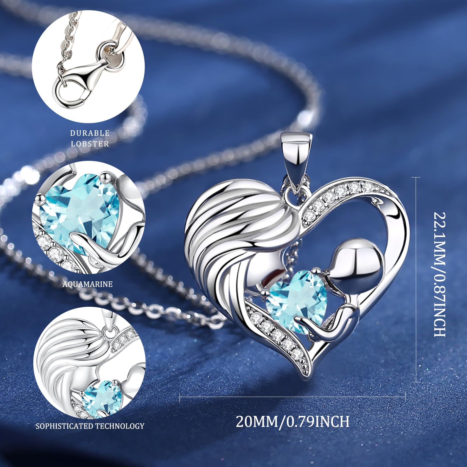 FANCIME Sterling Silver Mom Birthstone Necklace - Personalized Mother and Child Heart Pendant - I Love You Mom Gift for Mother's Day, Birthday, Anniversary - 16