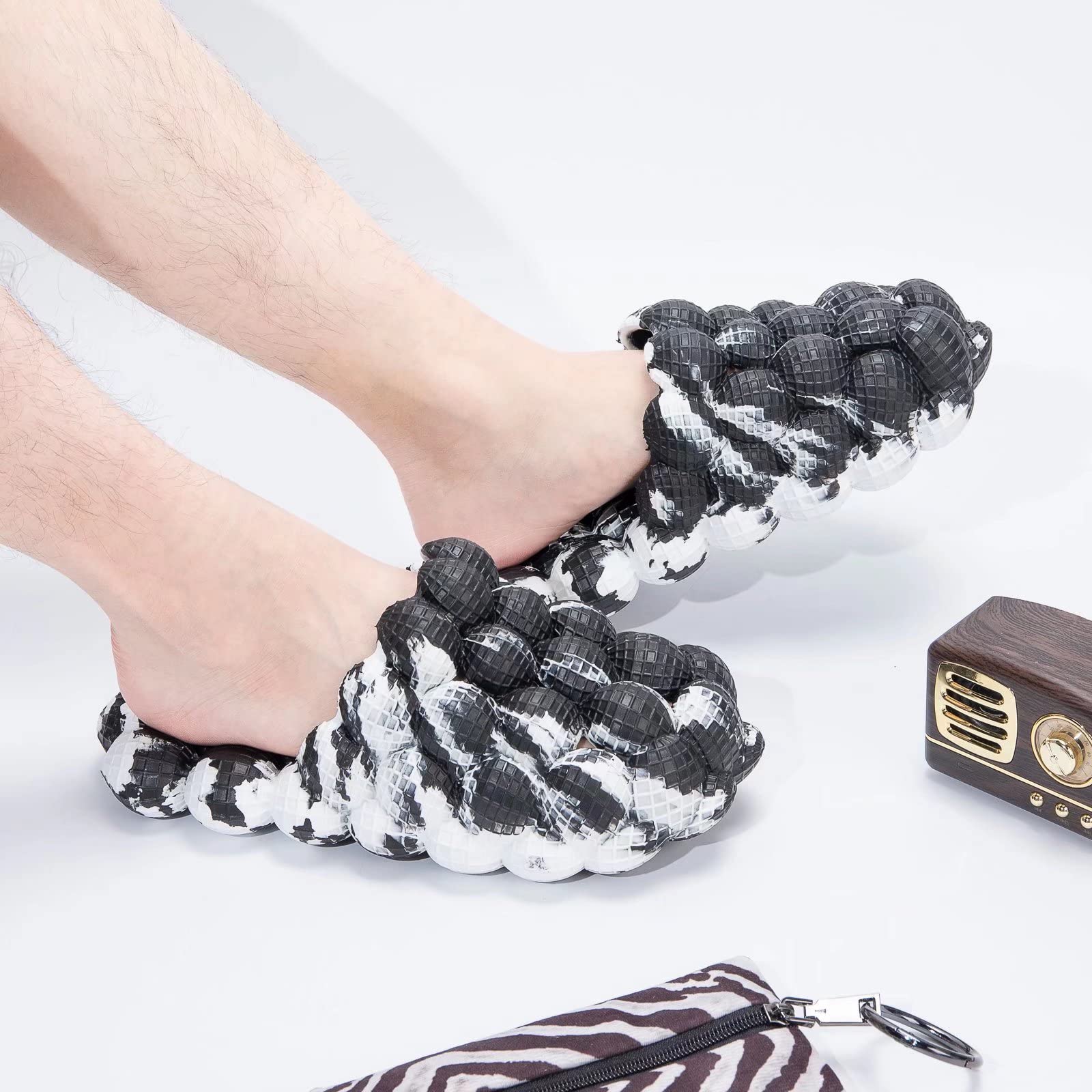 Massage Bubble Slides for Women & Men - Funny Lychee Non-Slip Spa Slippers, Soft Pillow Stress Relief Reflexology Sandals for Home, Gym & Shower - Includes 10 DIY Shoe Charms - Perfect for Relaxation, Foot Care & Indoor Comfort
