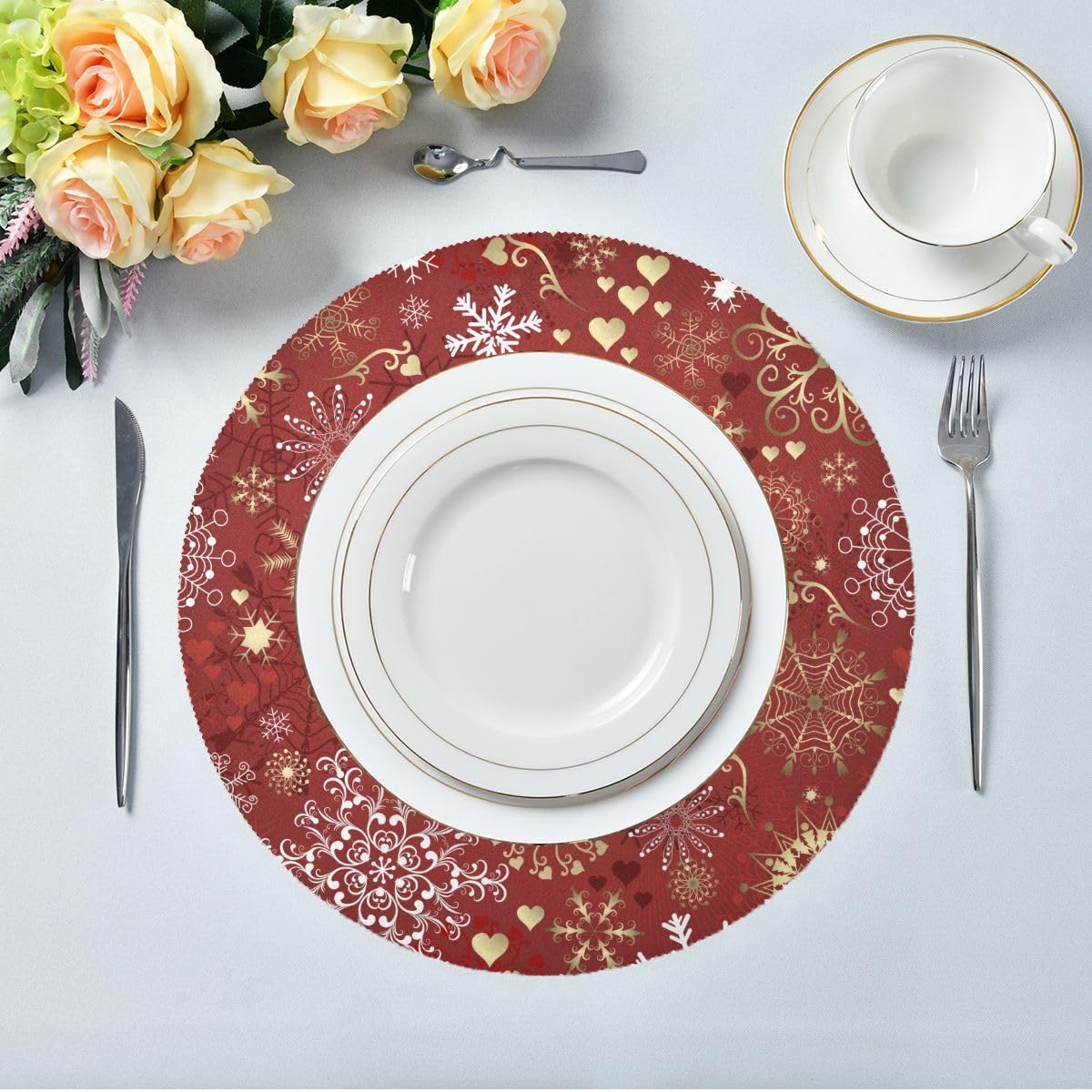 4 Pack Red and Gold Snow Christmas Round Placemats - Washable Farmhouse Style Dining Table Mats for Kitchen, Indoor & Outdoor Use - Perfect for Holiday Parties, Family Gatherings and Festive Decorations