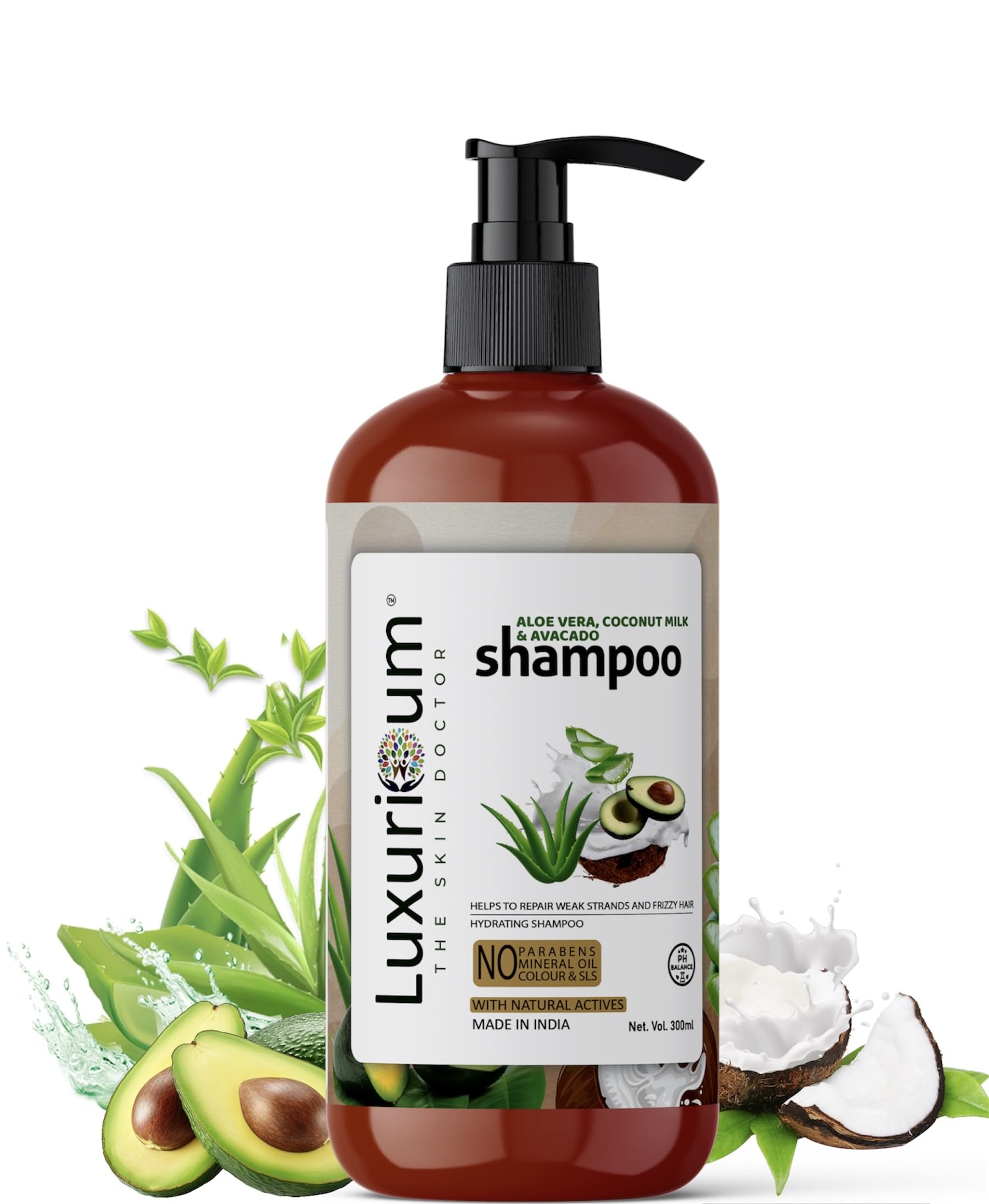 LUXURIOUM Aloe Vera, Coconut Milk & Avocado Shampoo for Curly, Wavy, Frizzy Hair - Intense Moisturizing Shampoo with Vitamin E, 300ml - 24H Hydration, Nourishes & Strengthens Hair - Perfect for Dry, Damaged Hair Care & Daily Hydration