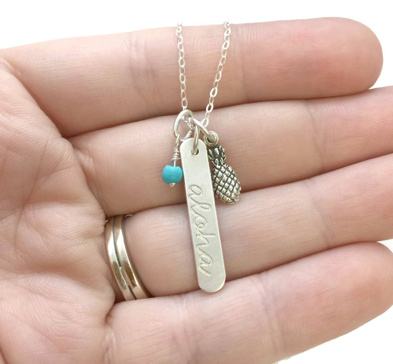 925 Sterling Silver Beach Jewelry - Hawaiian Aloha Pineapple Pendant with Genuine African Turquoise Gemstone Necklace | Perfect for Summer Vacations, Tropical Parties & Boho Fashion