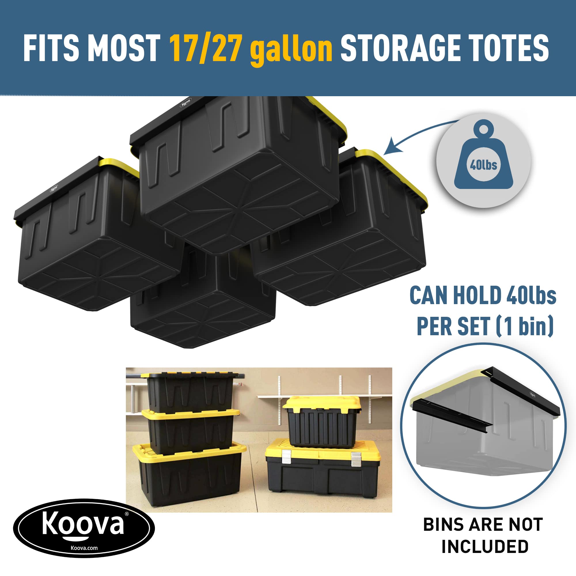 Koova Overhead Garage Storage Rack - Adjustable Ceiling Mount Organizer for 4 Black/Yellow Bins | Heavy Duty Shelving Solution for Garage, Basement & Attic Organization | Space Saving Home Storage System