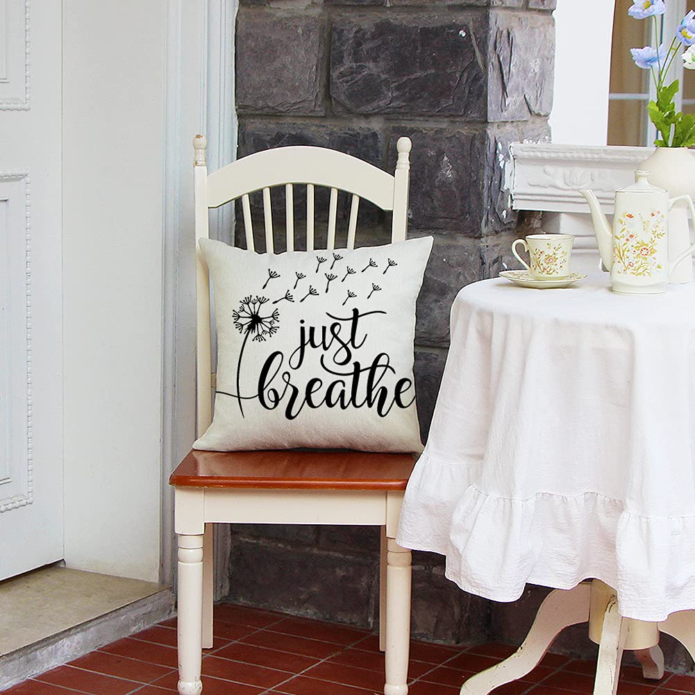 Farmhouse Pillow Covers 18x18 Inch - Rustic Home Decor with 'Just Breathe' Quote - Cozy Living Room Throw Pillow Cases for Sofa, Bedroom & Housewarming Gifts