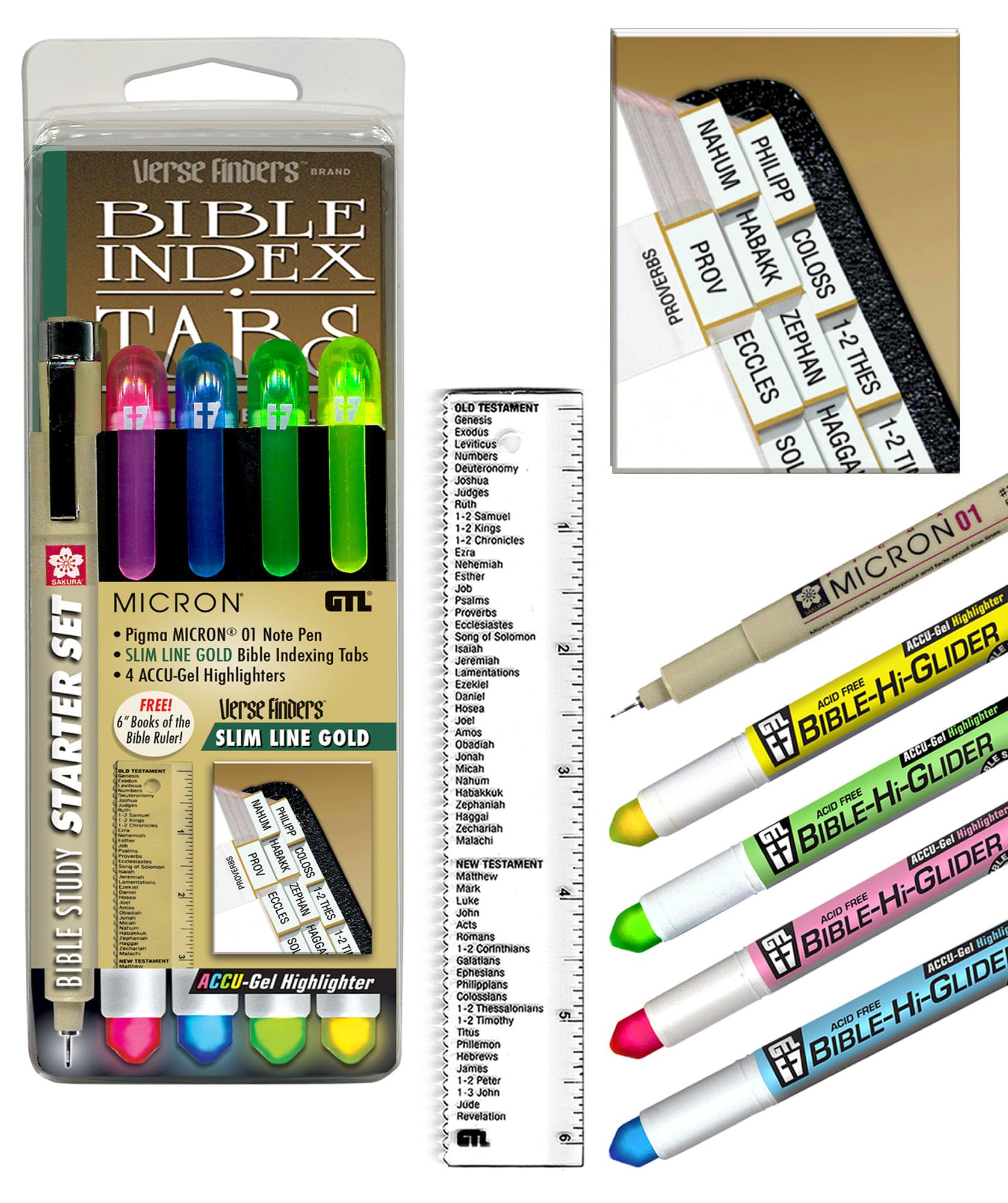 Accu-Gel Bible Highlighter & Pigma Micron Bible Study Starter Set - No Bleed Pigmented Ink, Fine Point Black Pen & Gel Highlighter for Scripture Marking | Includes Slim Gold Verse Finder Bible Tabs | Perfect for Bible Journaling, Scripture Study & Church Note Taking