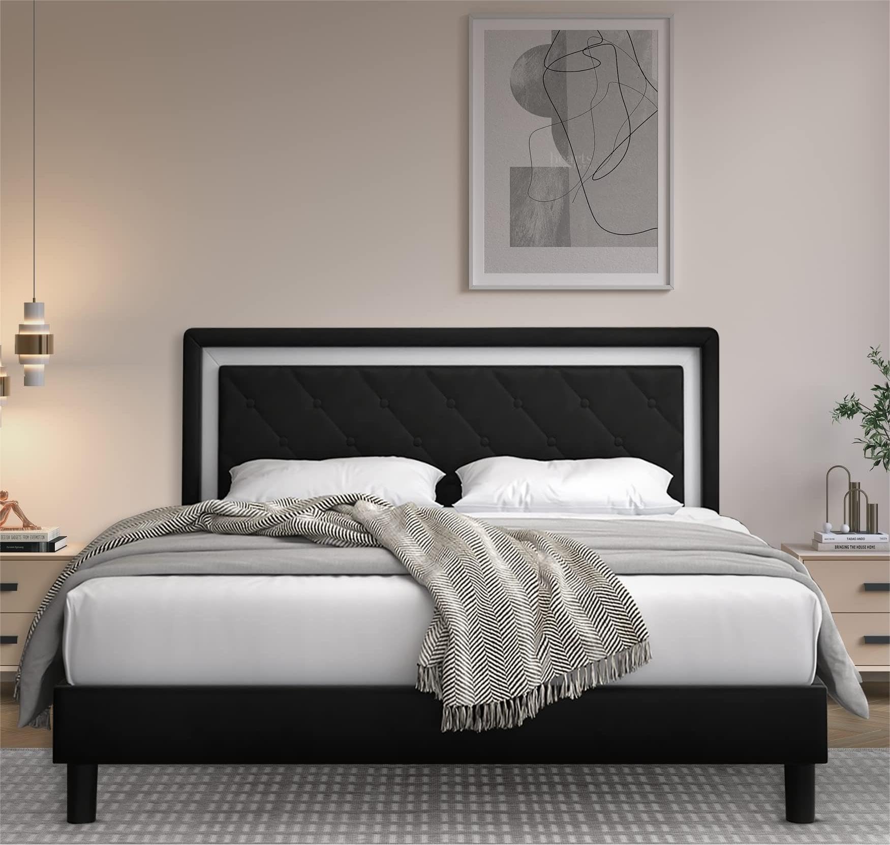 Luxury Velvet Upholstered King Bed Frame with Adjustable Headboard - Sturdy Metal & Wood Slat Support - Elegant Black Platform Bed for Master Bedroom & Guest Room Decor