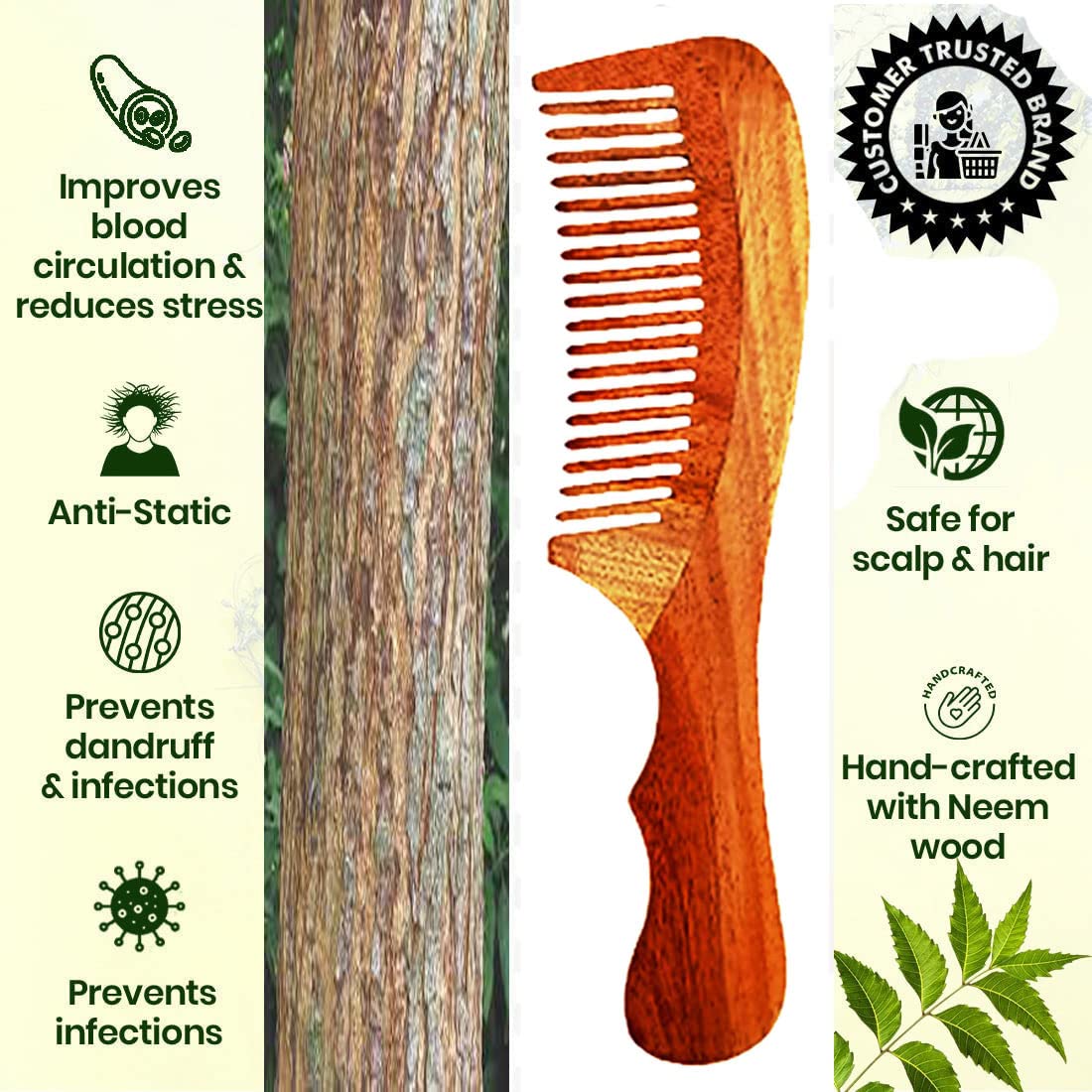 Rufiys Kacchi Neem Wood Hair Comb for Women & Men - Anti Dandruff Wooden Comb with Handle for Curly & Wavy Hair - Promotes Hair Growth - Perfect for Daily Hair Care & Scalp Massage