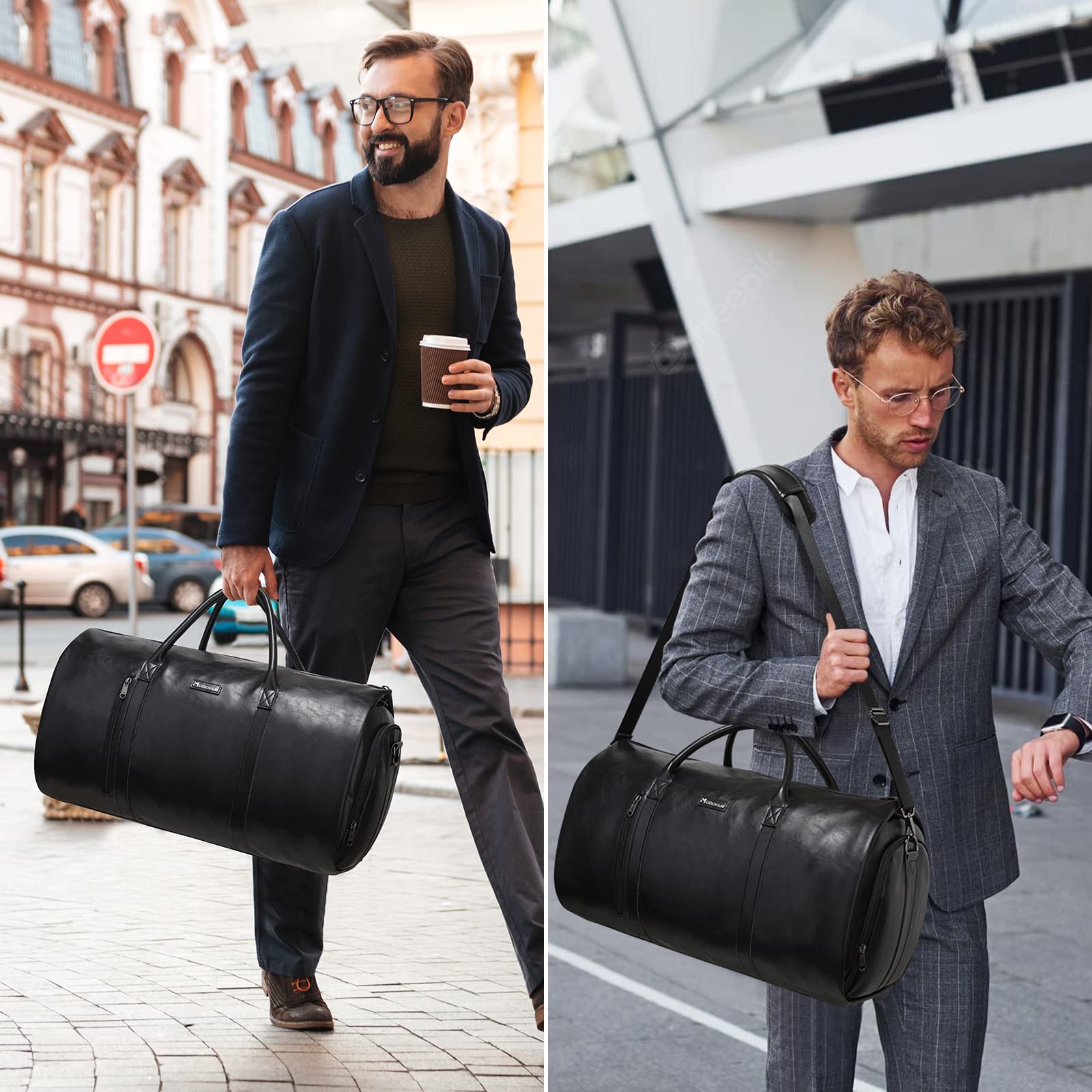 Modoker Convertible Leather Garment Bag - Waterproof Travel Garment Duffel for Business & Suit Carry On - Perfect for Men & Women Travel Accessories - Ideal for Business Trips, Weddings & Formal Events (Black)