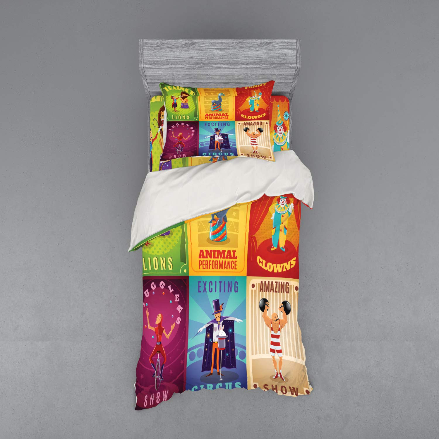 Ambesonne Circus Duvet Cover Set - Vintage Circus Characters with Trained Animals, Strong Man & Trapeze Artist Design - 3 Piece Bedding Set with Pillow Sham & Fitted Sheet - Twin Size, Multicolor - Perfect for Kids' Rooms, Themed Bedrooms & Circus Lovers