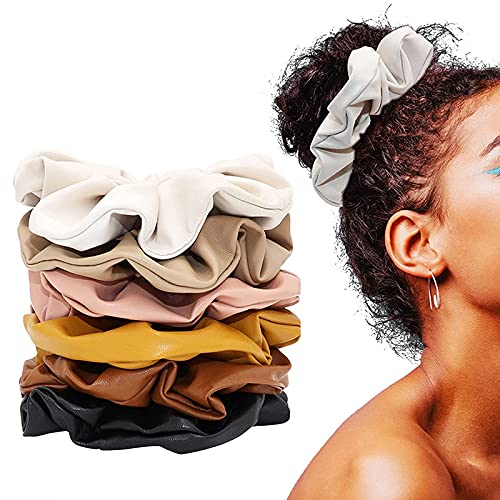 Belicia 6Pcs Leather Hair Scrunchies for Women - Non-Slip Seamless Hair Ties for Thick & Curly Hair - Gentle No-Hurt Hair Bands in Solid Colors - Perfect for Workouts, Office & Everyday Styling