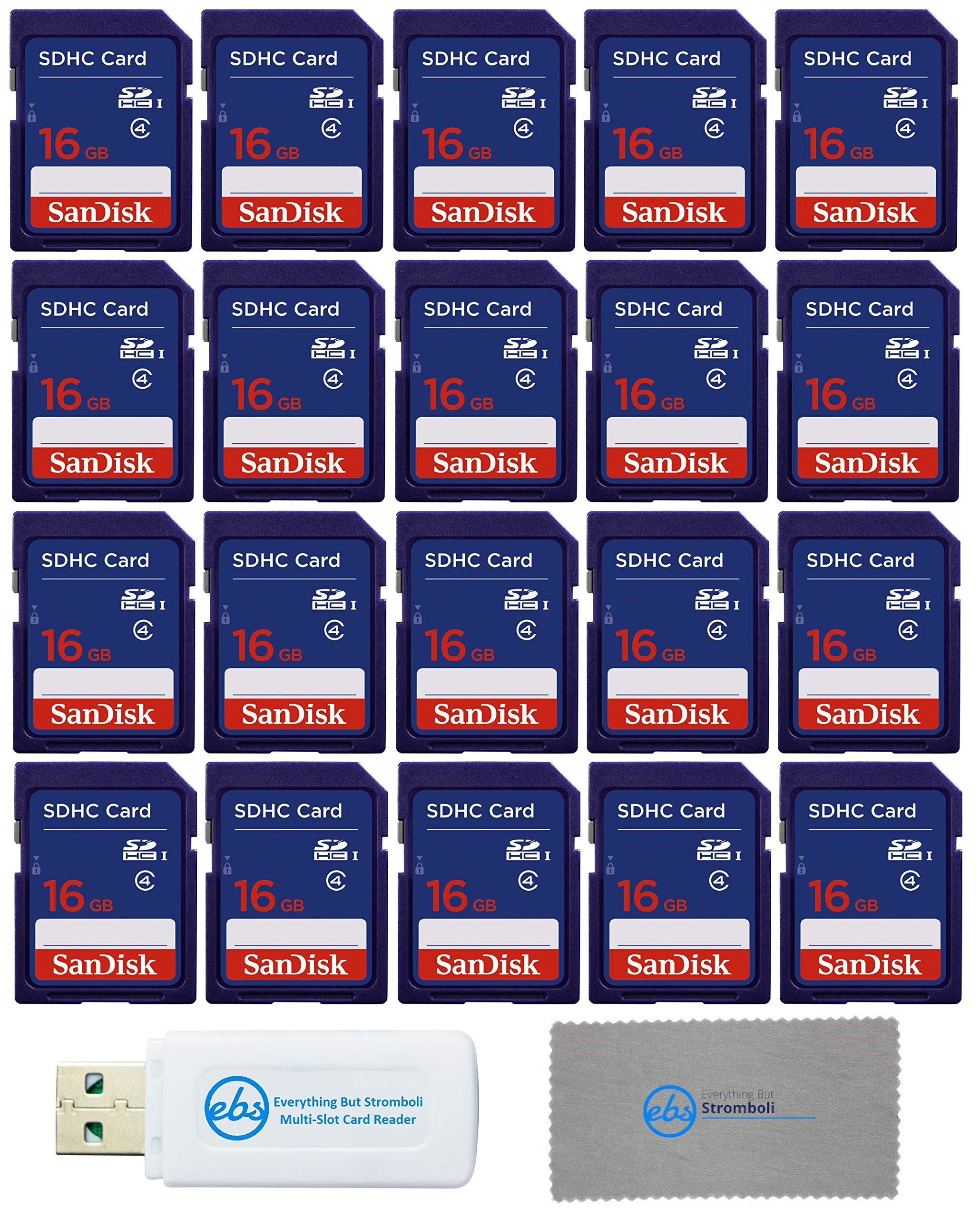 SanDisk 16GB SDHC Memory Card 20-Pack Bundle - Class 4 (SDSDB-016G-B35) with Microfiber Cloth & SD Card Reader - Perfect for Digital Cameras, DSLRs, Security Cameras & Data Storage