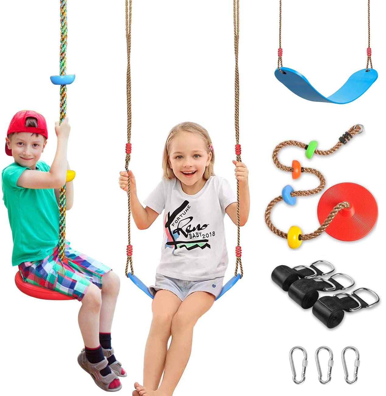 2 Pack Multicolor Swing Seats with Tree Climbing Rope & Platform - Heavy Duty Outdoor Swings for Kids & Adults - Backyard Playground Accessories with 5Ft Strap & Snap Hook - Perfect for Tree Swings, Backyard Fun, and Outdoor Adventures