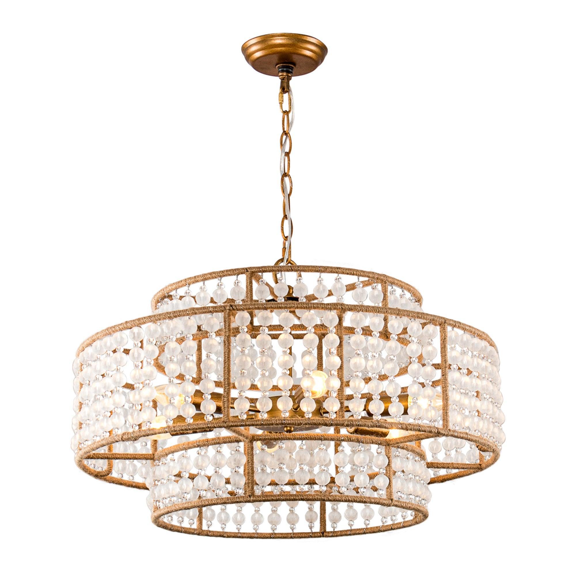 6-Light Antique Gold Farmhouse Drum Beaded Chandelier with Rope Accents - Rustic Ceiling Lighting Fixture for Dining Room, Bedroom, or Kitchen Decor