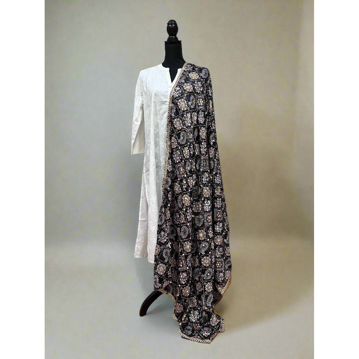 Elegant Foil Print Black Mirror Dupatta Scarf - Stylish Shawl for Women, Perfect for Parties, Weddings & Festive Occasions