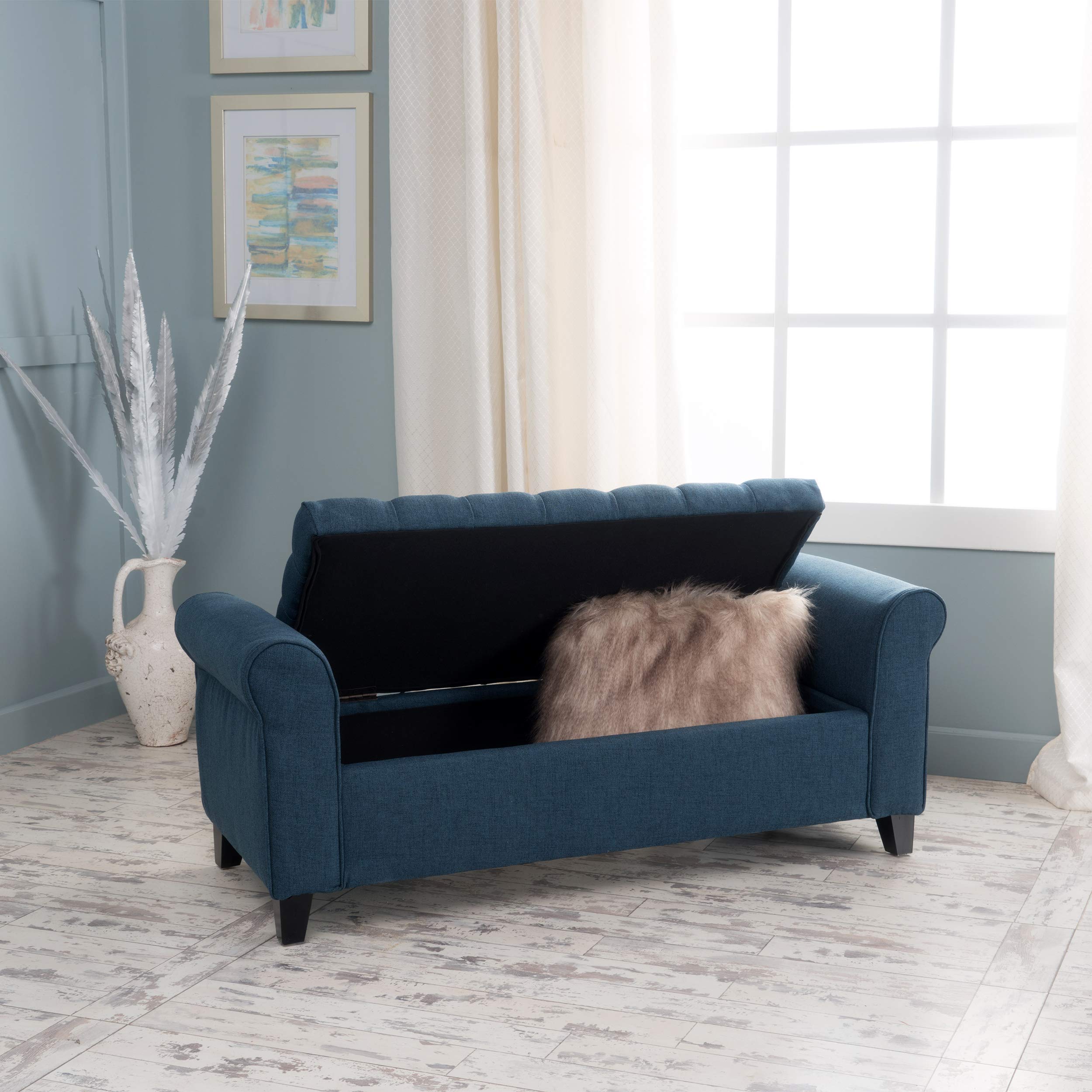 Christopher Knight Home Keiko Fabric Storage Bench with Arms - Dark Blue Upholstered Entryway Bench (19.75