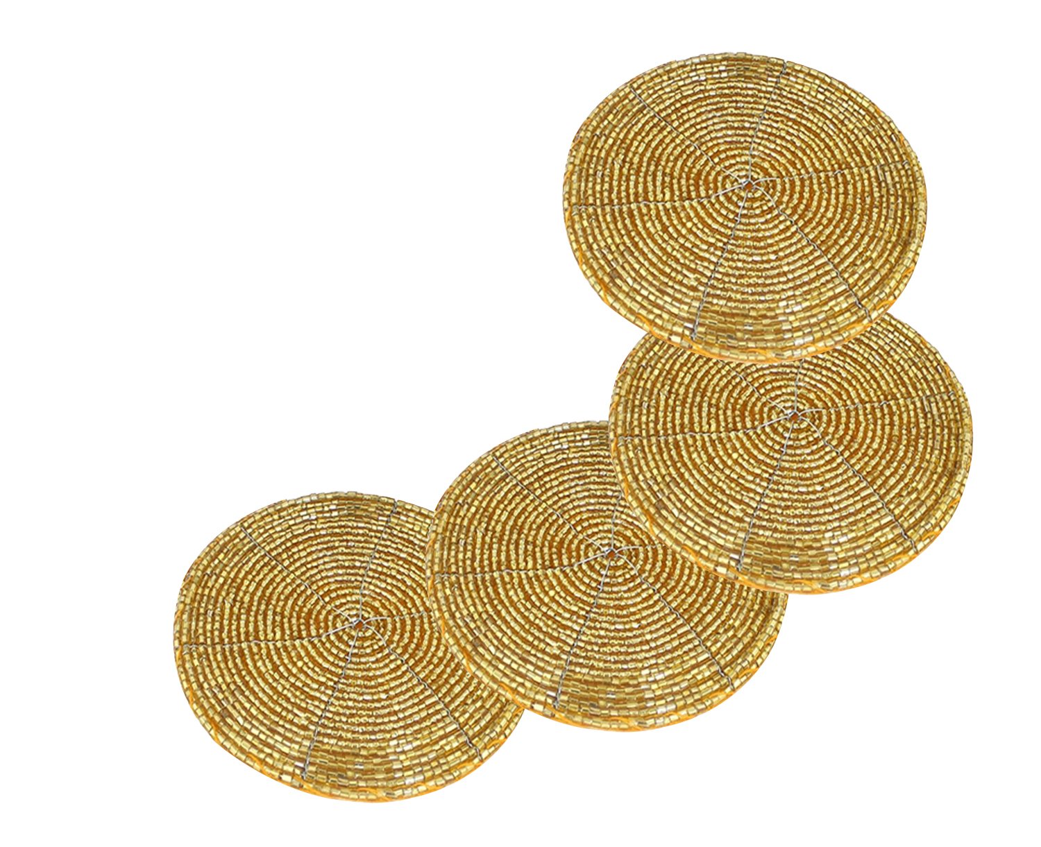 Prisha India Handmade Gold Beaded Tea Coasters Set of 4 - 4 Inch Round Coasters for Tea Cups, Coffee Mugs & Hot Beverages - Elegant Table Decor for Home, Office & Gifts