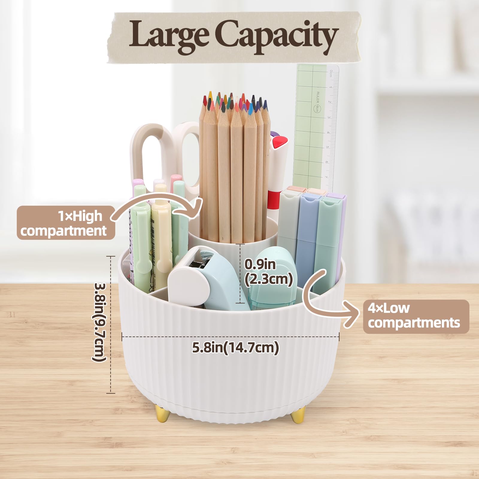 360° Rotating Makeup Brush Organizer with 5 Slots - White Cosmetic Brush Storage Holder & Cute Pencil Cup for Vanity Desk - Perfect for Makeup Brushes, Pens, and Desk Accessories Organization