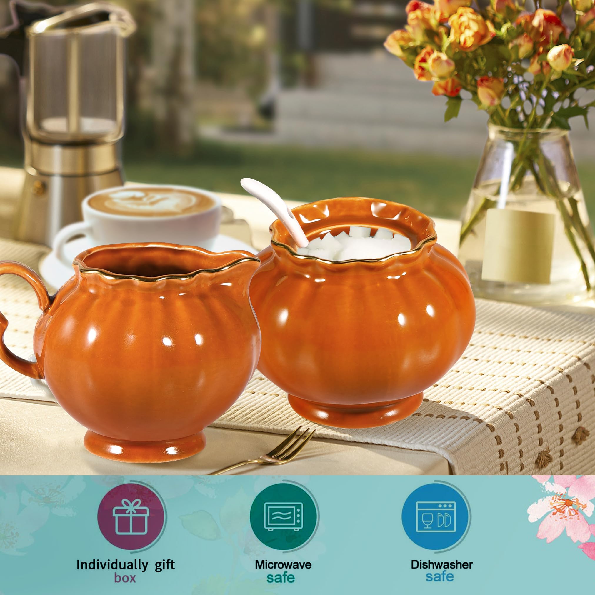 Ceramic Sugar Bowl with Lid, Milk Jug, and Spoon - 3-Piece Coffee Serving Set | Creamer & Sugar Bowl Combo | Dishwasher & Microwave Safe | Perfect for Breakfast, Tea Time & Gifting | Elegant Orange Design