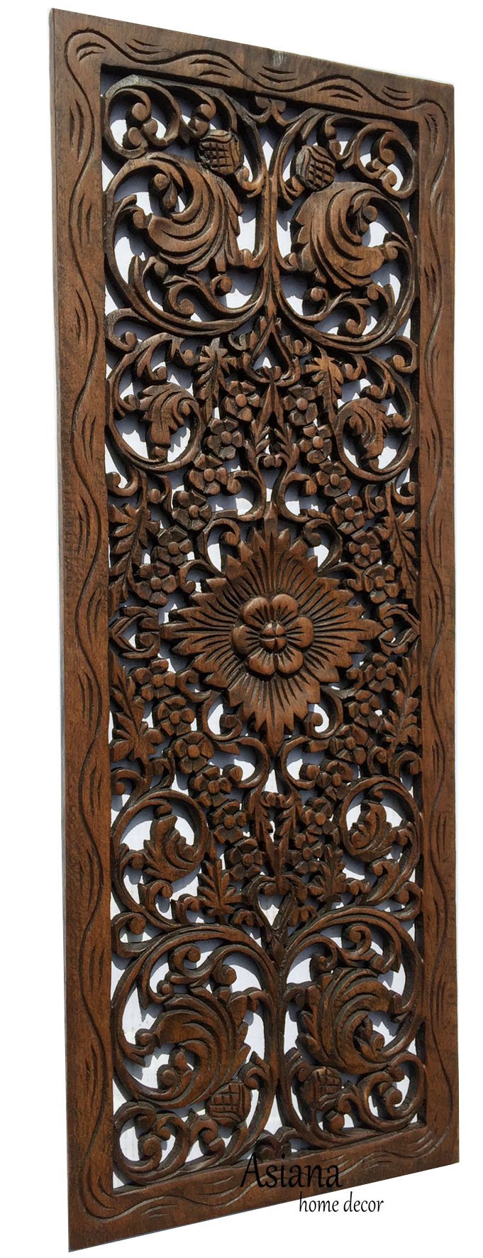 Hand Carved Wood Wall Panel - Floral Decor 35.5x13.5 Inches for Home & Office