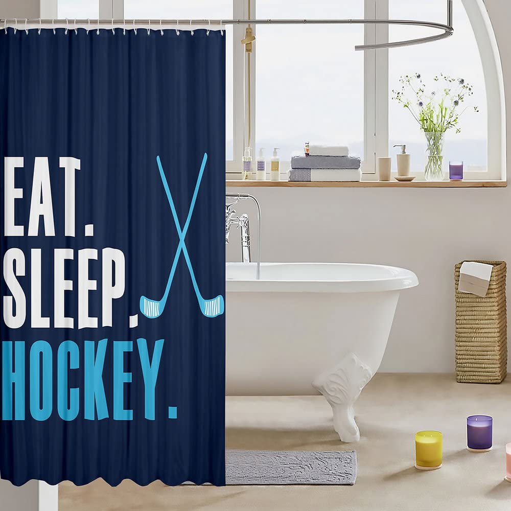Ice Hockey Shower Curtain Set - 72x72 Inch Sports Theme Bathroom Decor for Men & Women - Blue Hockey Player Design with 'Eat Sleep Hockey' Print - Perfect for Hockey Fans, Winter Sports Enthusiasts, and Game Room Bathroom Accessories