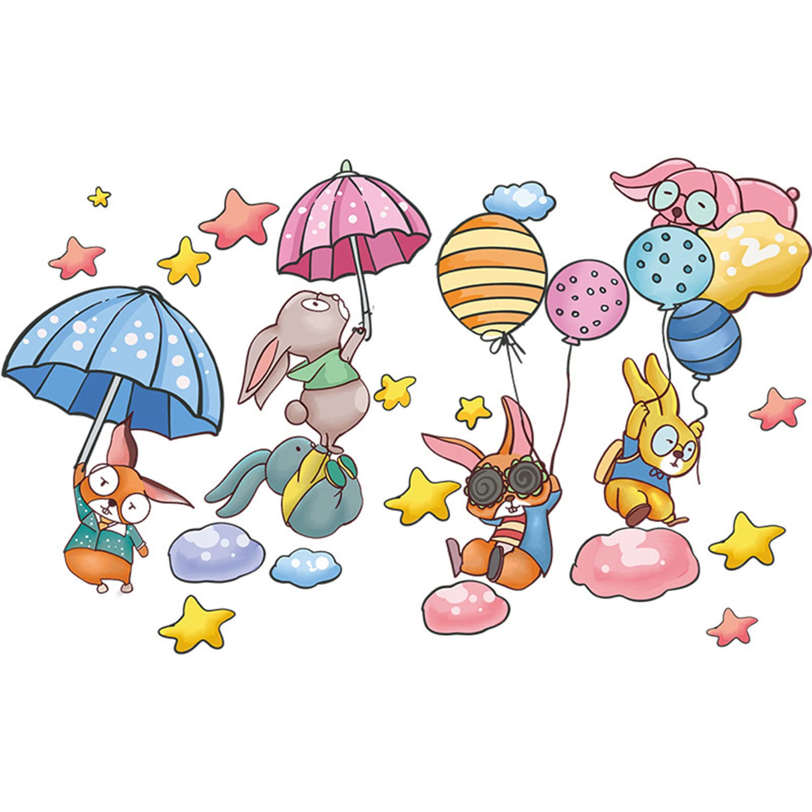Rabbit Cloud Umbrella Wall Decal - Removable Home Decor Sticker for Bedroom, Living Room, Porch - Sunshine Themed Nursery & Kids Room Wall Art - Perfect for Home, Office, Dorm Decor (As Shown, One Size)