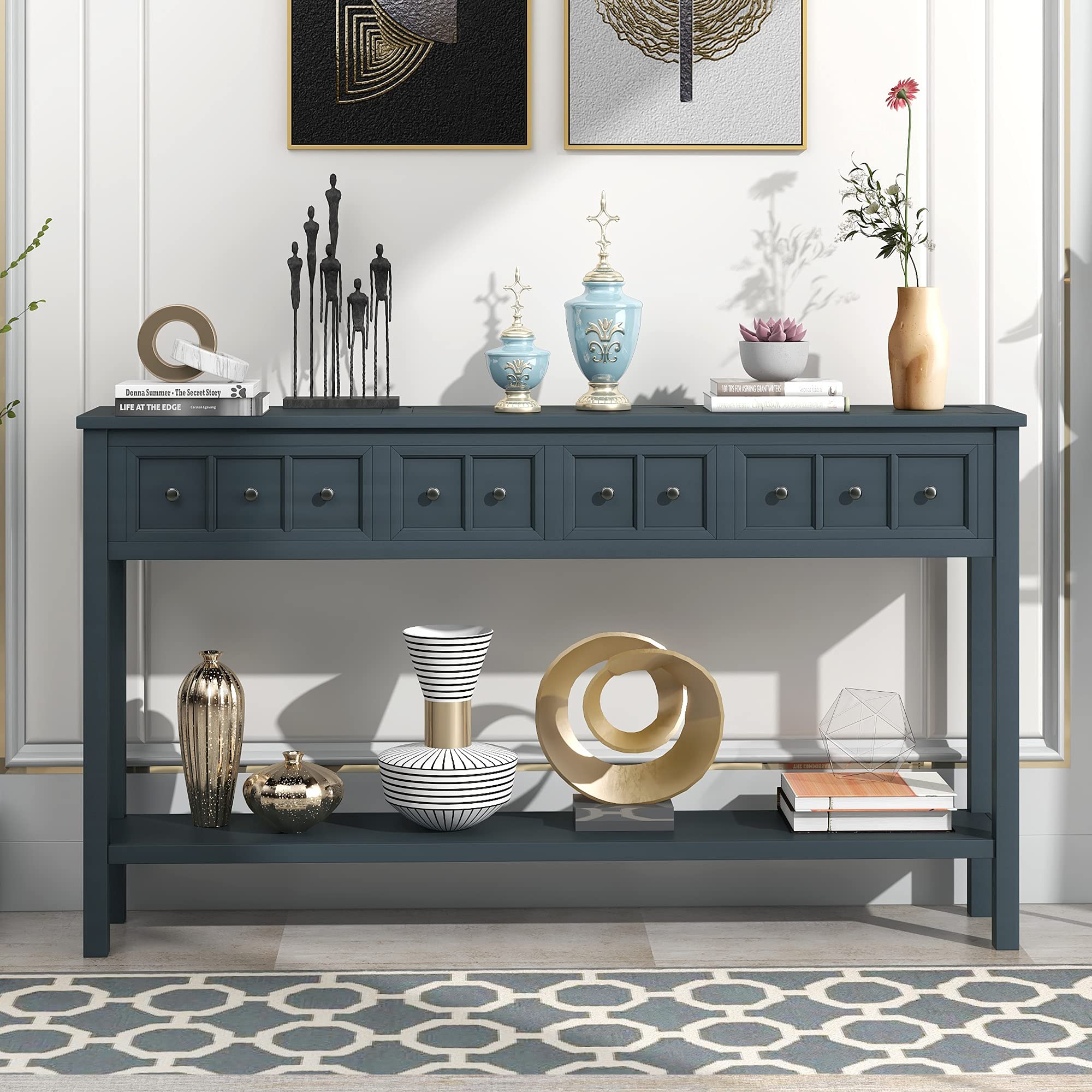 Merax Farmhouse Console Table with Storage Drawers & Bottom Shelf - Rustic Entryway Hall Table, Narrow Sofa Table for Living Room, Bedroom, or Office - Navy Blue Home Decor Furniture for Small Spaces