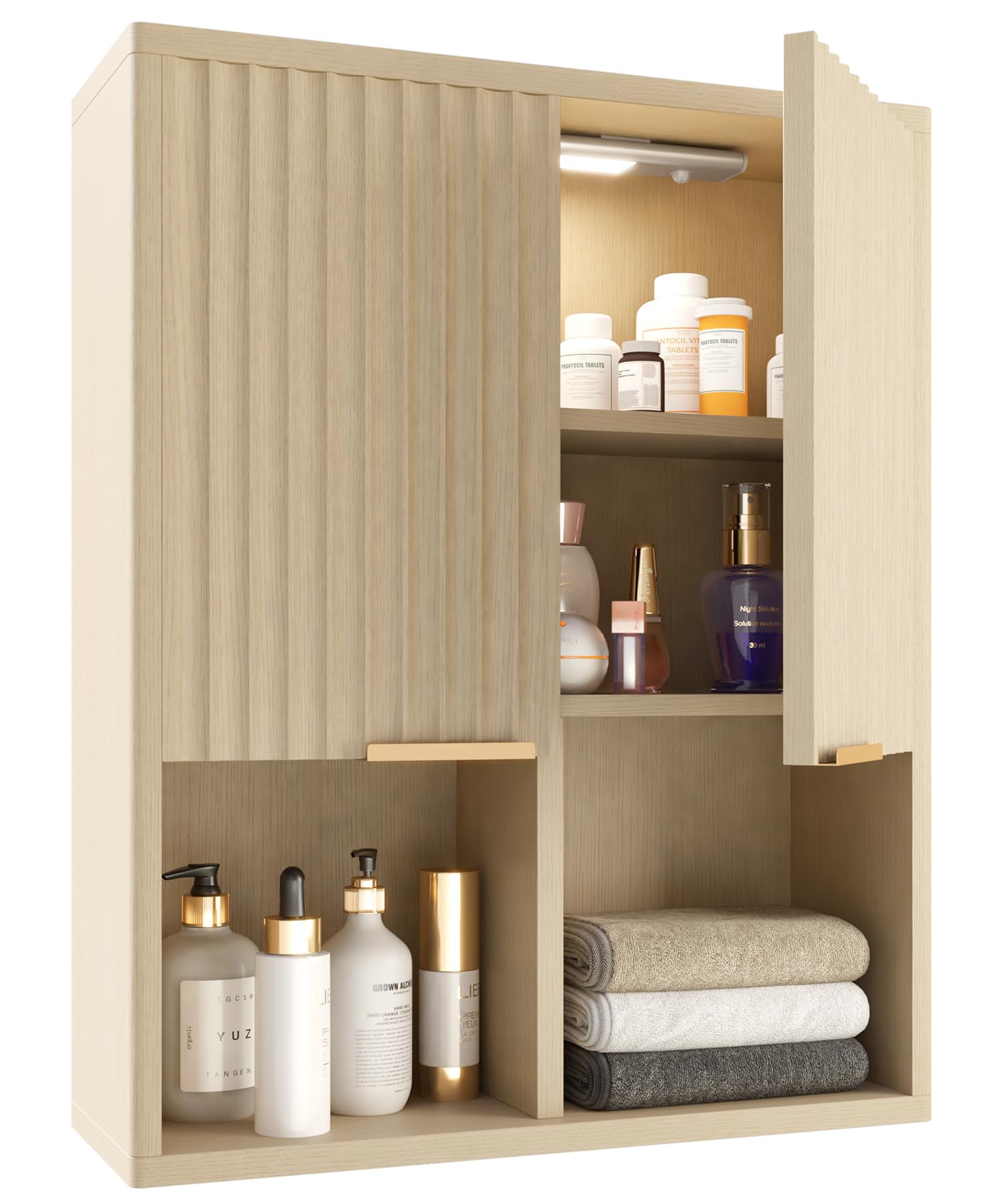 HAIOOU Fluted Wave Design Wooden Medicine Cabinet with Motion Sensor Light - Wall Mounted Bathroom Storage with Buffering Hinges, Over Toilet Organizer for Modern Home Decor (Natural Finish)