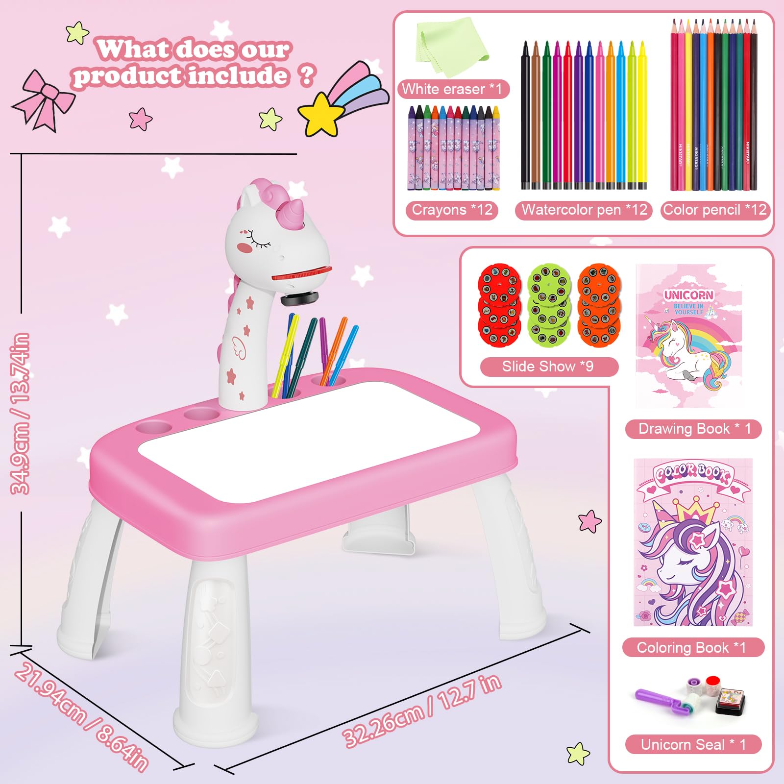 Unicorn Drawing Projector Table Set for Kids - Pink Doodle Art Kit with Tracing Projector & Painting Supplies | Creative Toddler Activity for Birthday Gifts & Home Learning