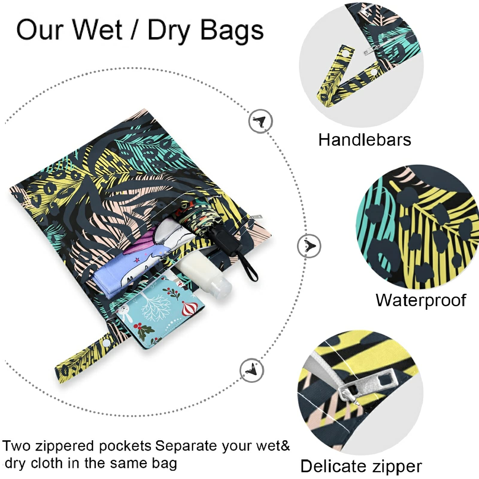 Visesunny 2-Pack Leopard Print Feather Wet Bags with Zipper Pockets - Washable & Reusable Waterproof Diaper Bag for Travel, Beach, Daycare, Gym | Perfect for Baby Essentials, Swimsuits, Toiletries & Dirty Clothes Organization
