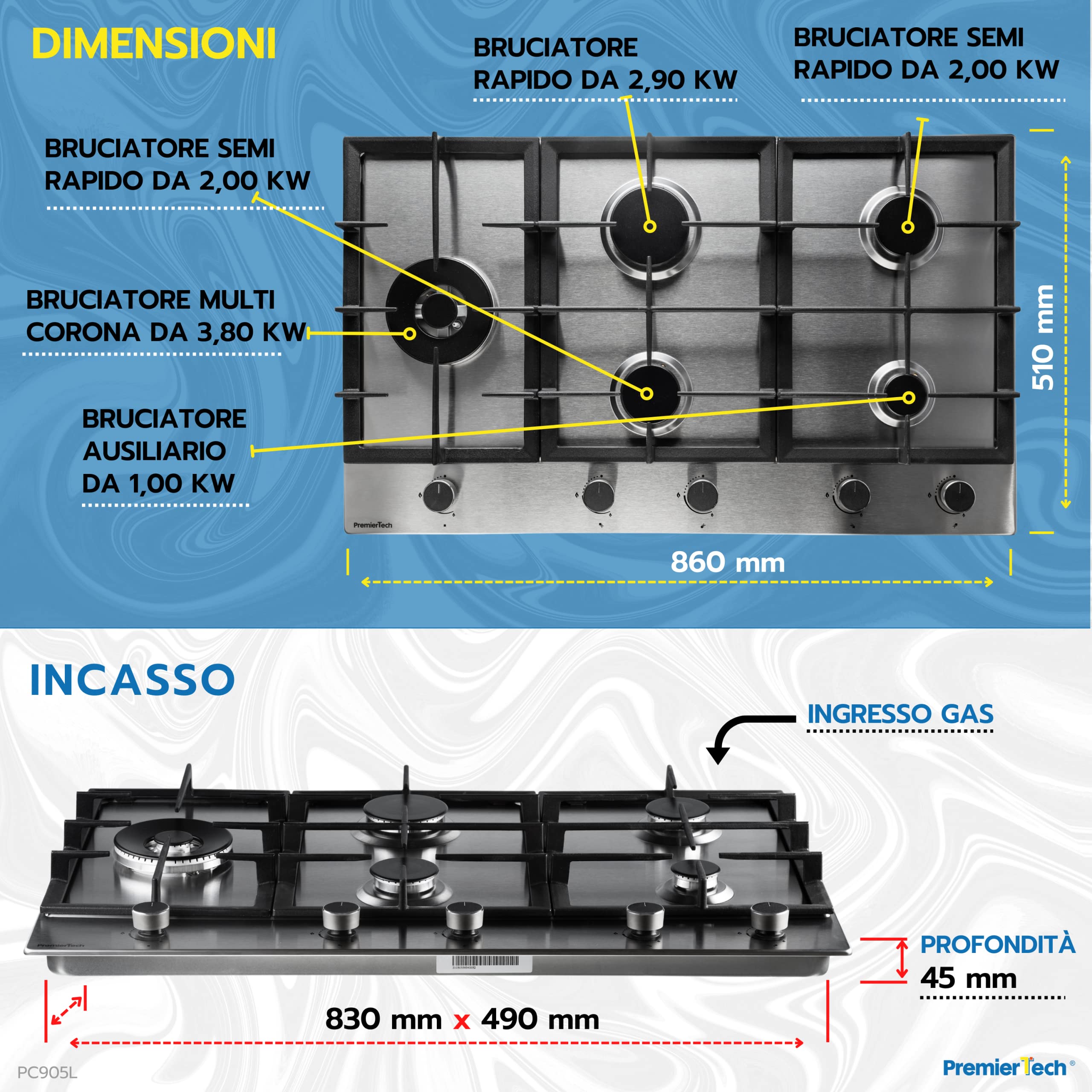 PremierTech PC905L 90cm 5-Burner Gas Stove - Stainless Steel Professional Cooktop with Cast Iron Wok Support | Ideal for Home Kitchen, Restaurant & Commercial Cooking