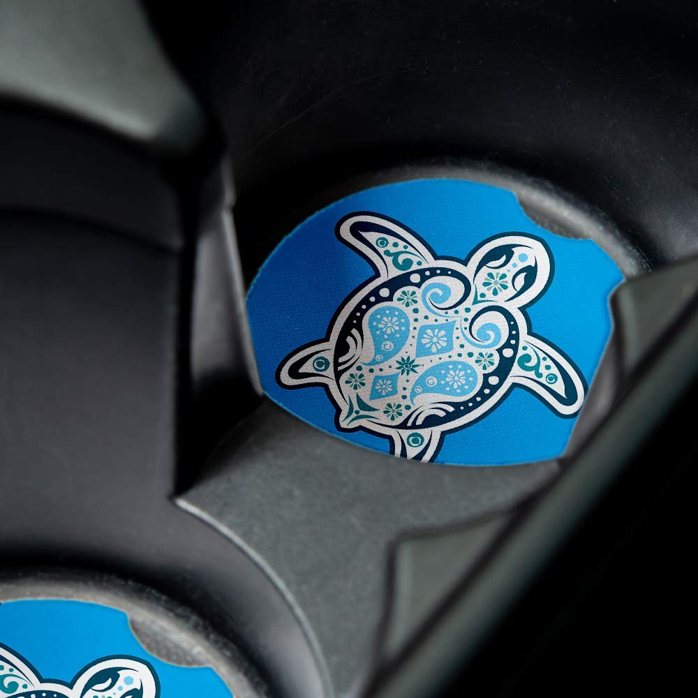 Blue Sea Turtle Car Coasters Set of 2 - Absorbent Drink Coasters with Non-Slip Rubber Backing (2.56 Inches) - Perfect Car Accessories for Coffee, Soda & Beverages - Ideal for Road Trips, Commuting & Daily Driving