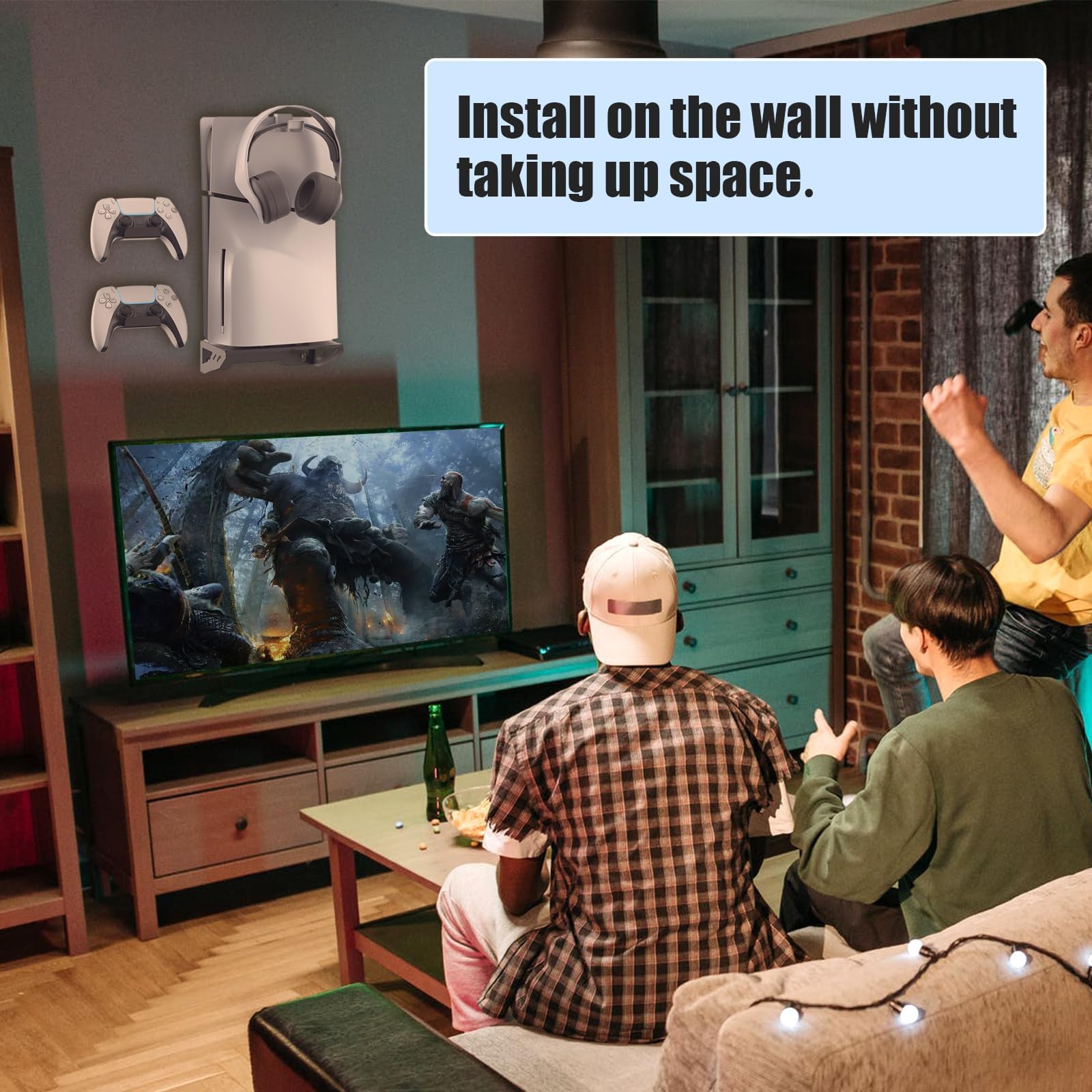 NANANINO PS5 Slim Wall Mount Kit - Black Wall Mount for PS5 with Controller Holder & Headphone Hook | Secure Storage Stand for PlayStation 5 Slim | Perfect for Gaming Room Setup & Space Saving Organization