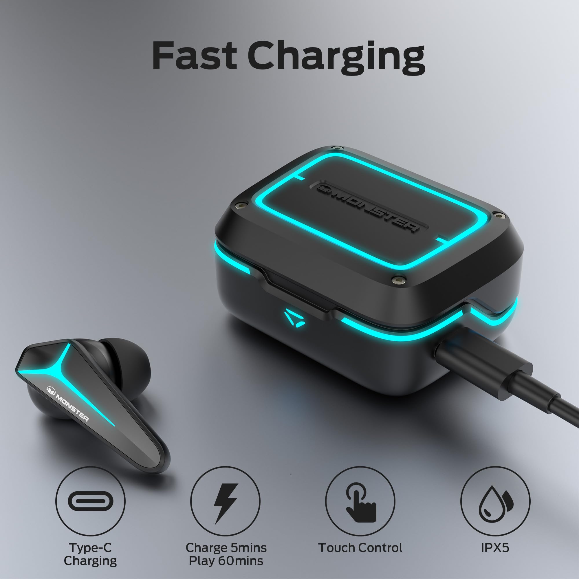 Monster Mission V1 Bluetooth Earbuds - Wireless Noise Cancelling Headphones with Bluetooth 5.3, Cool LED Light Effects, Game & Music Modes, 30H Playtime - Perfect for Gaming, Workouts & Commuting