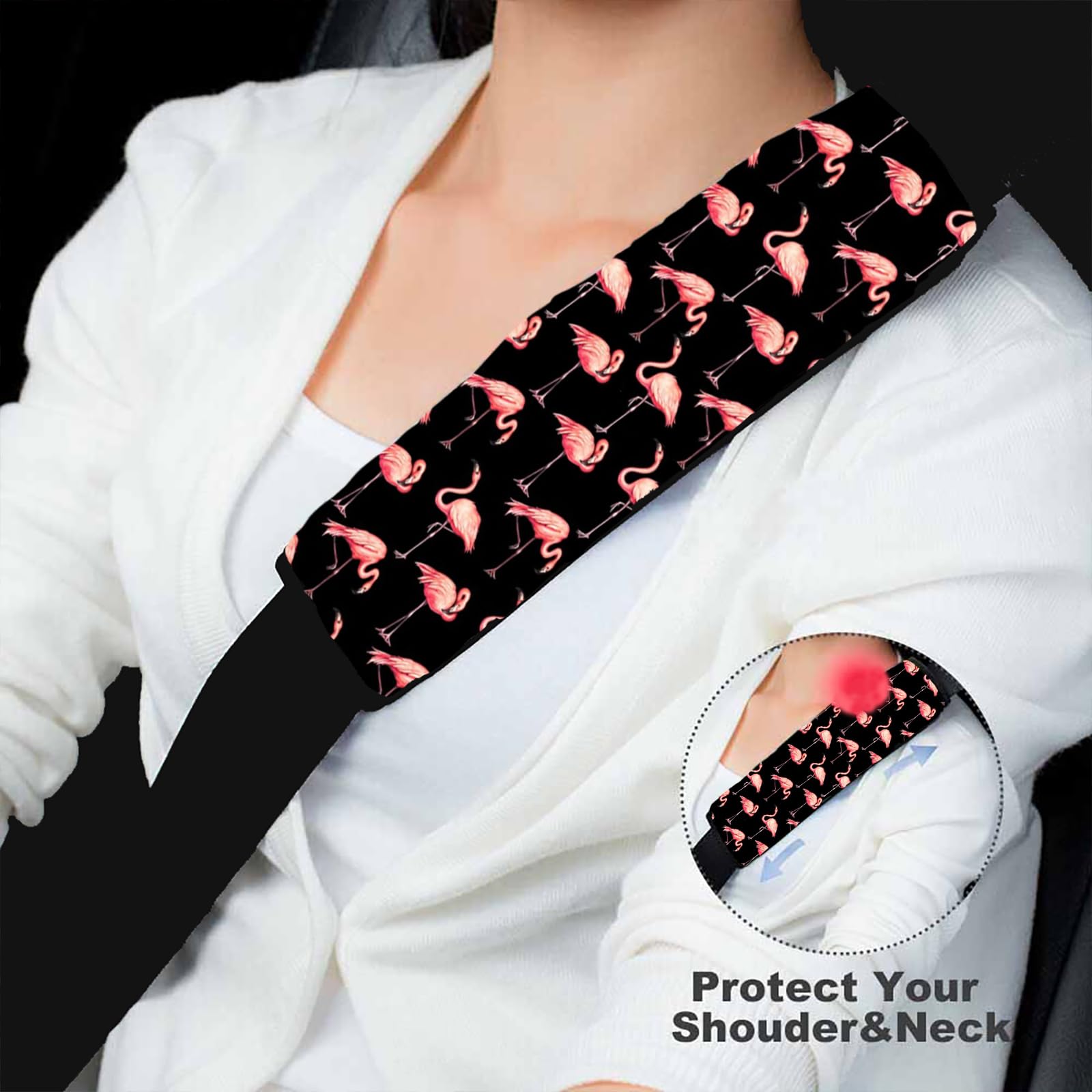 Black Flamingo Car Seat Belt Strap Covers - Soft Shoulder Pads for Adults & Kids - Neck Protection for Women, Men, Girls & Boys - Universal Fit for Cars, SUVs & Trucks - Perfect for Commuting, Road Trips & Daily Driving - Also Great as Backpack Straps & Handbag Accessories