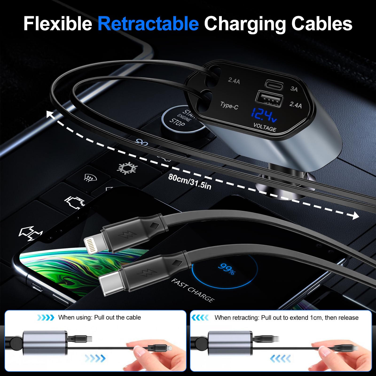 Lostrain Retractable Car Charger - Fast 4-in-1 USB C Car Phone Charger with 2 Retractable Cables (Type C & Lightning) & 2 USB Ports - Compatible with iPhone 15/14/13, Samsung Galaxy S23/S22, Google Pixel, iPad - Perfect for Road Trips, Commuting & Travel Charging