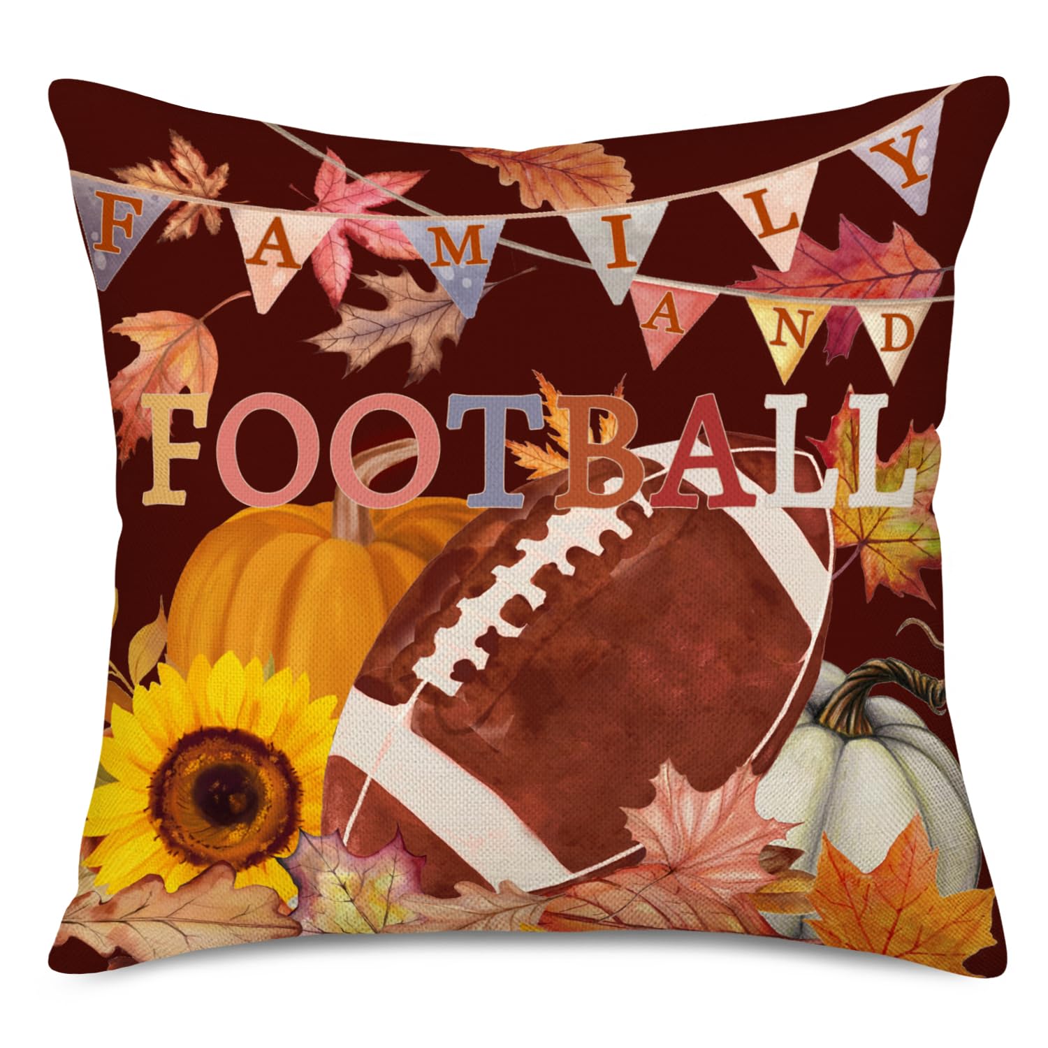 Vintage American Football & Family Fall Decor - 18x18 Inch Maple Leaf Pumpkin Cotton Linen Throw Pillow Covers for Couch, Bedroom, Car | Cozy Autumn Home Decor & Seasonal Gift Idea