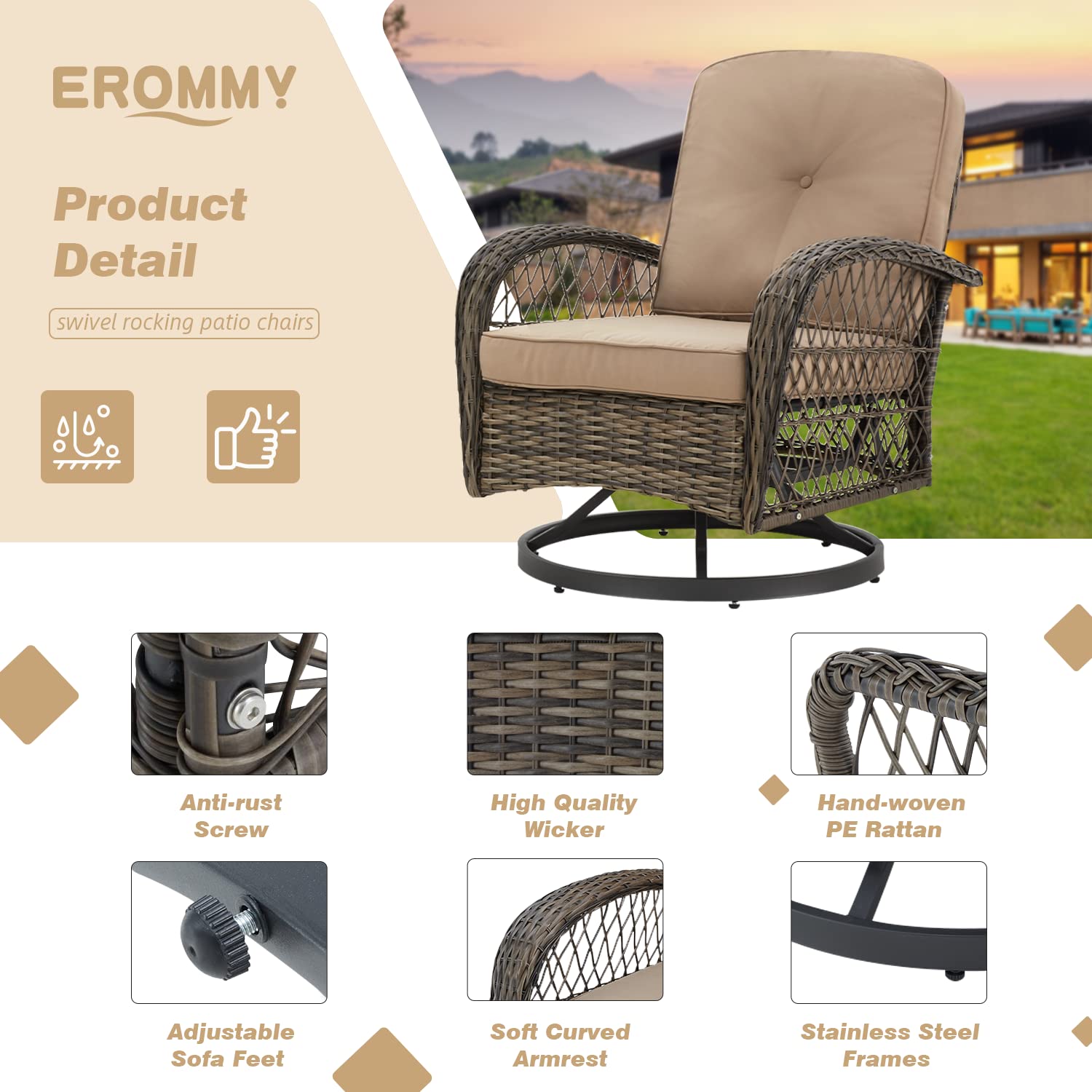 360° Swivel Rocking Patio Chairs Set of 3 with Thickened Cushions & Glass Coffee Table - Outdoor Conversation Furniture for Backyard, Garden, Poolside (Khaki) - Perfect for Relaxing, Entertaining & Enjoying Summer Days