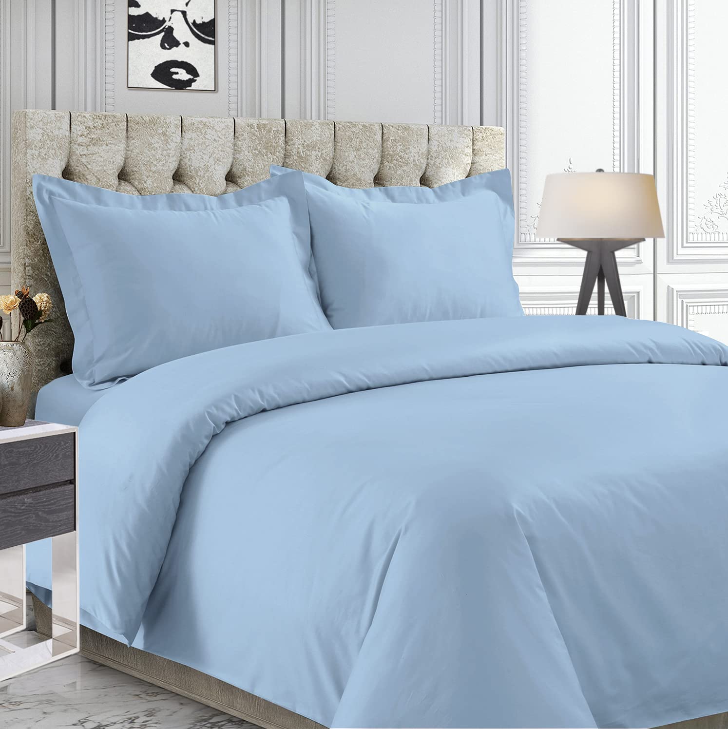 Premium 800 Thread Count King Size Duvet Cover Set - 100% Long Staple Cotton Sateen Bedding in Blue Fog with Button Closure | Ultra-Soft Luxury King Duvet Cover for Master Bedroom, Guest Room & Hotel Style Decor