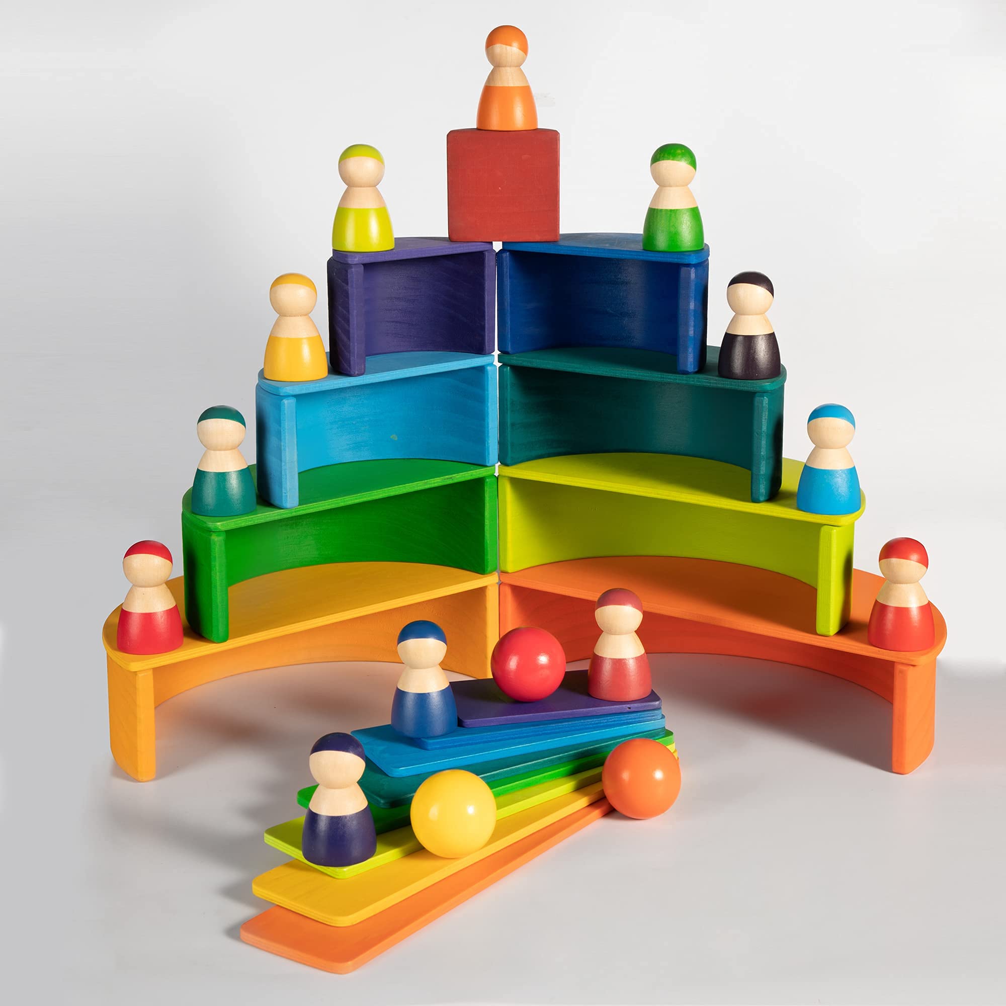 Wooden Rainbow Stacker Toy Set - Montessori Waldorf Educational Stacking Blocks with Semicircle Building Board - Open-Ended Learning Toy for Toddlers & Kids - Perfect Gift for Birthdays & Preschool Playtime (Rainbow Pack)