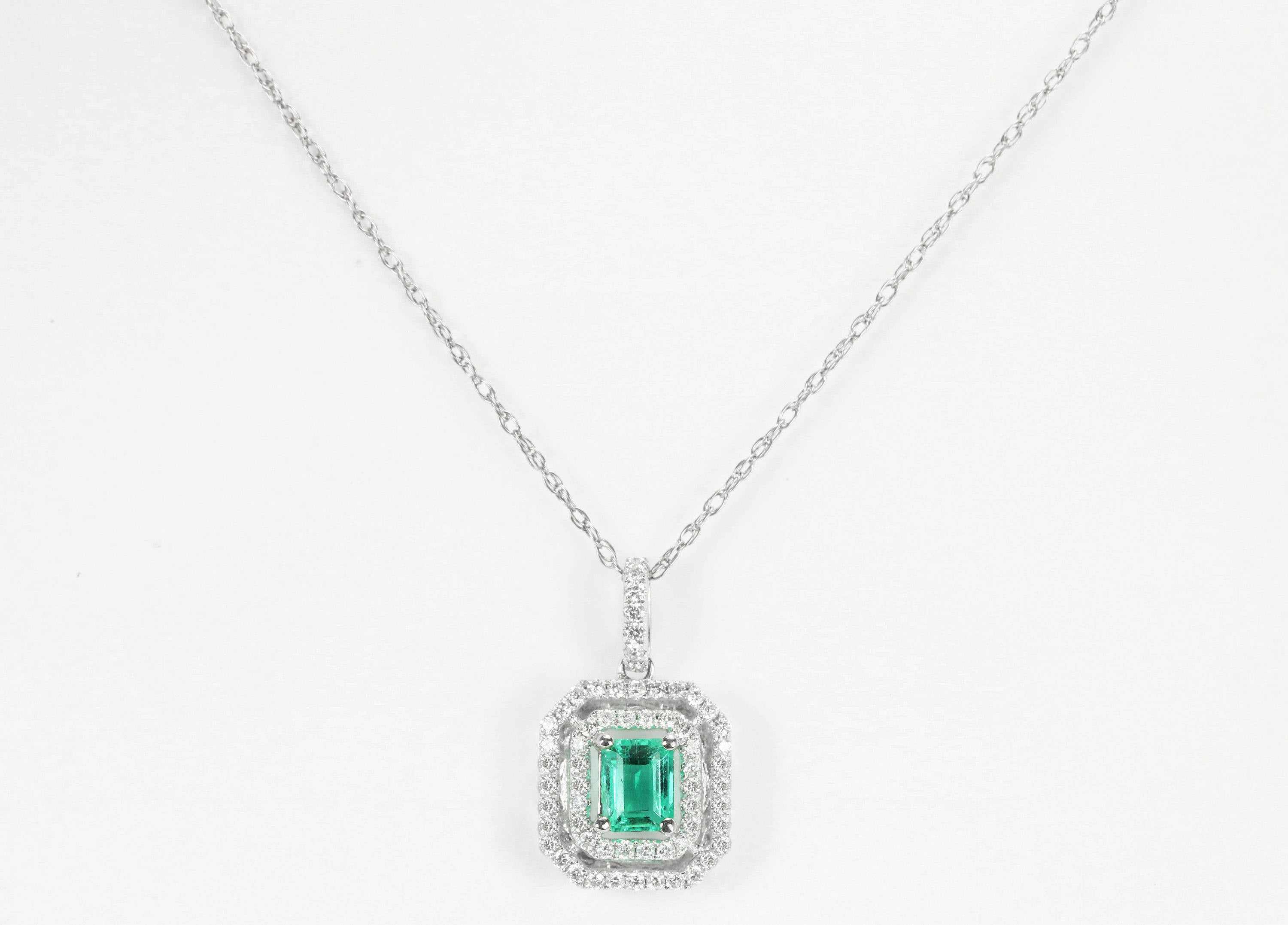 1.0tcw Colombian Emerald & Diamond Double Halo Necklace in 14K Gold - Elegant Jewelry for Weddings, Anniversaries & Special Occasions