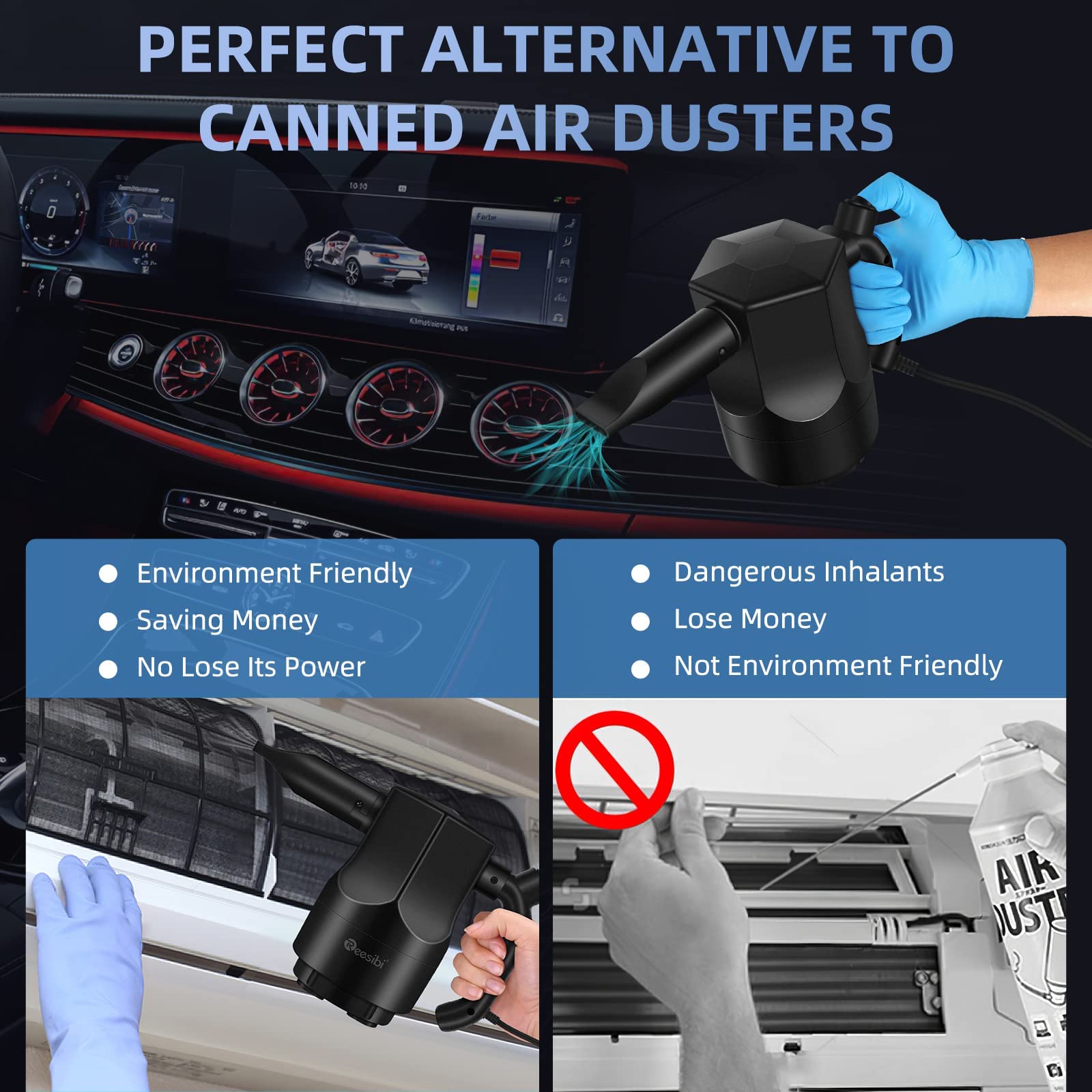 Reesibi 500W Professional Electric Air Duster - High Power Compressed Air Blower with 2 Speed Settings, Canned Air Alternative for Computer Cleaning, Multi-Purpose Inflator Pump for Swimming Pools, Tires & Home Use - Perfect for Electronics Maintenance, Workshop Cleaning and Outdoor Gear Inflation