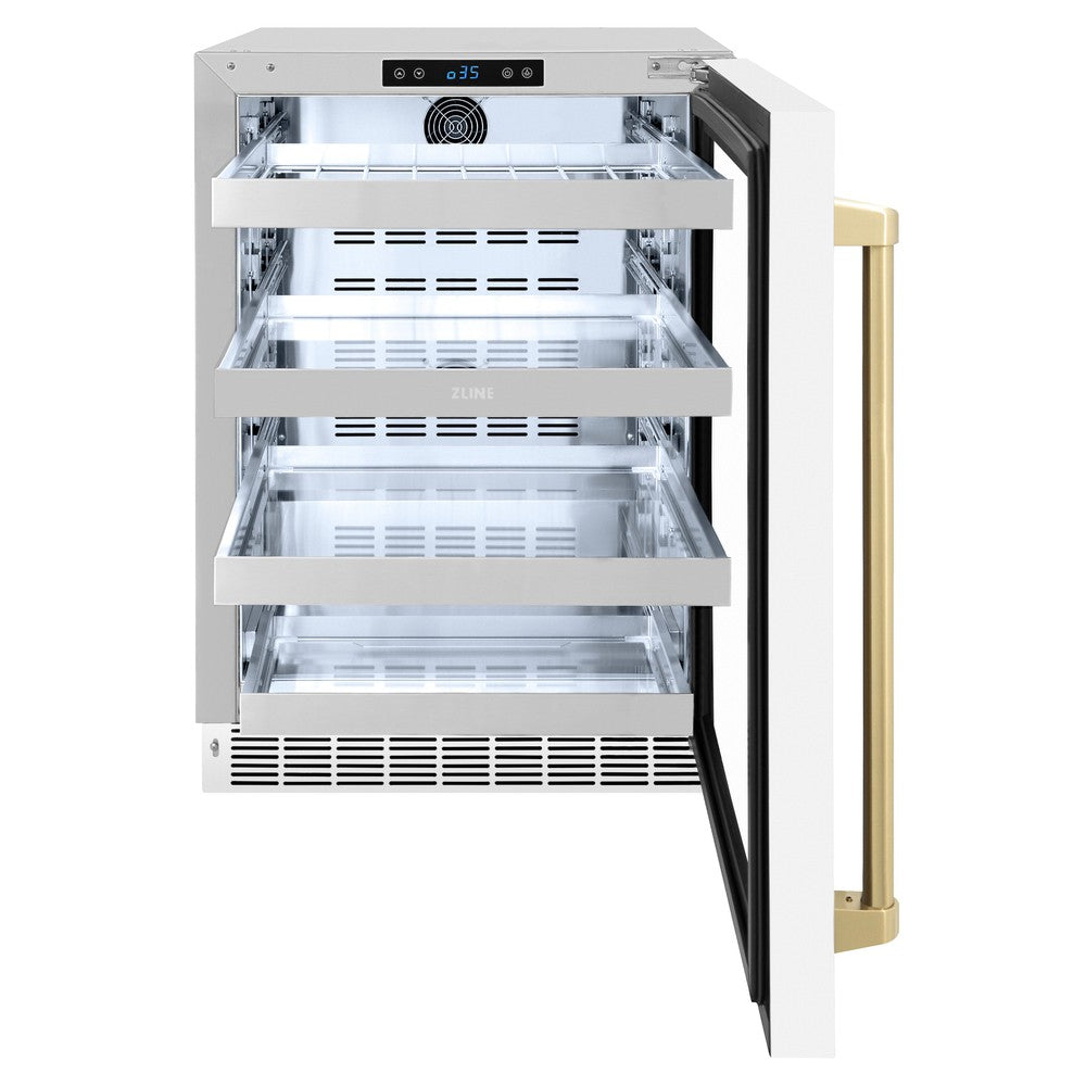 ZLINE Autograph Edition 24 Inch Touchstone 151 Can Beverage Refrigerator - White Matte Glass Door with Champagne Bronze Handle - Compact Mini Fridge for Home, Office, Bar, or Man Cave (RBSOZ WM 24 CB)