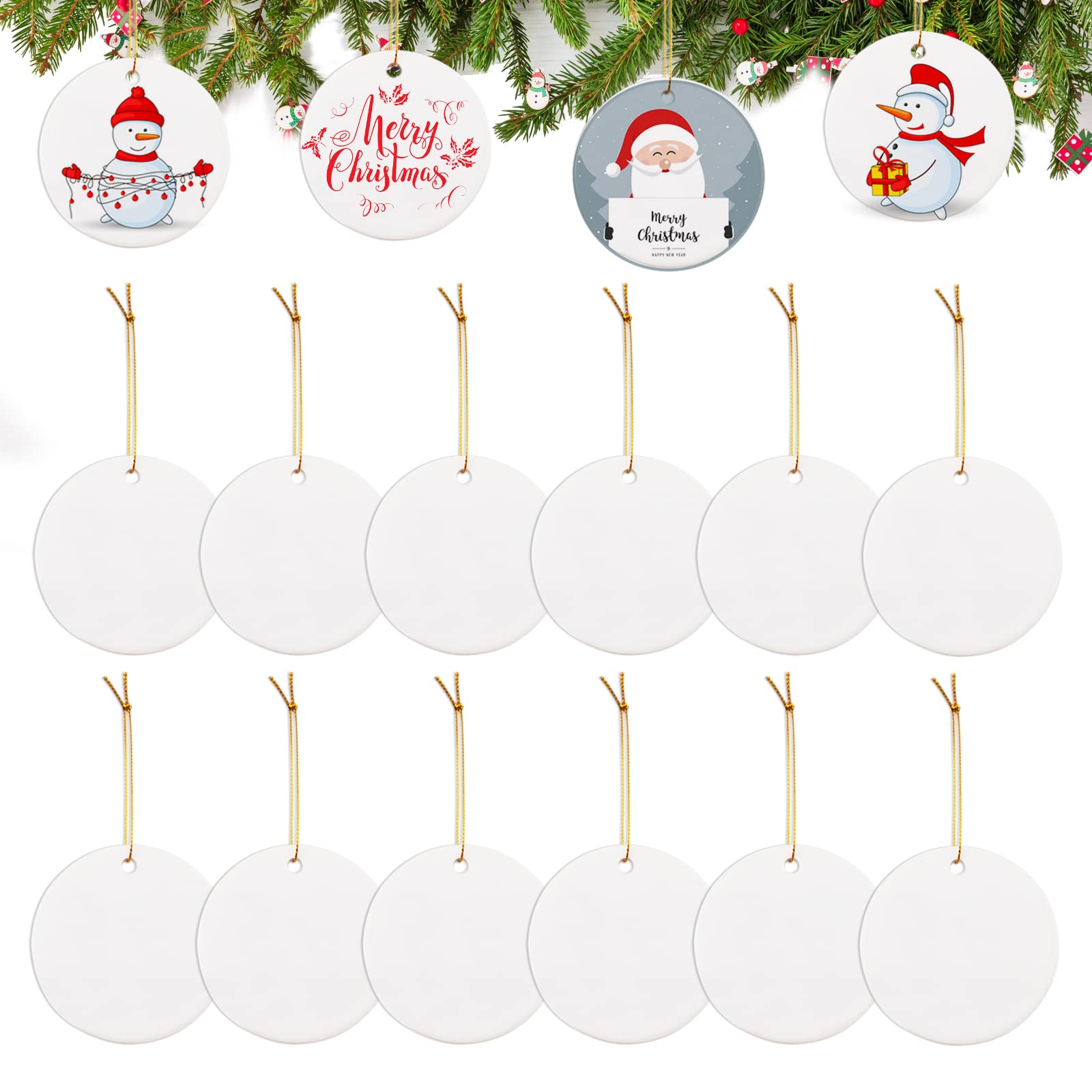12-Piece WANDIC White Round Ceramic Ornaments - Sublimation Ready Christmas Decor with Gold Rope for Tree, Gift Wrapping & Holiday Home Decoration