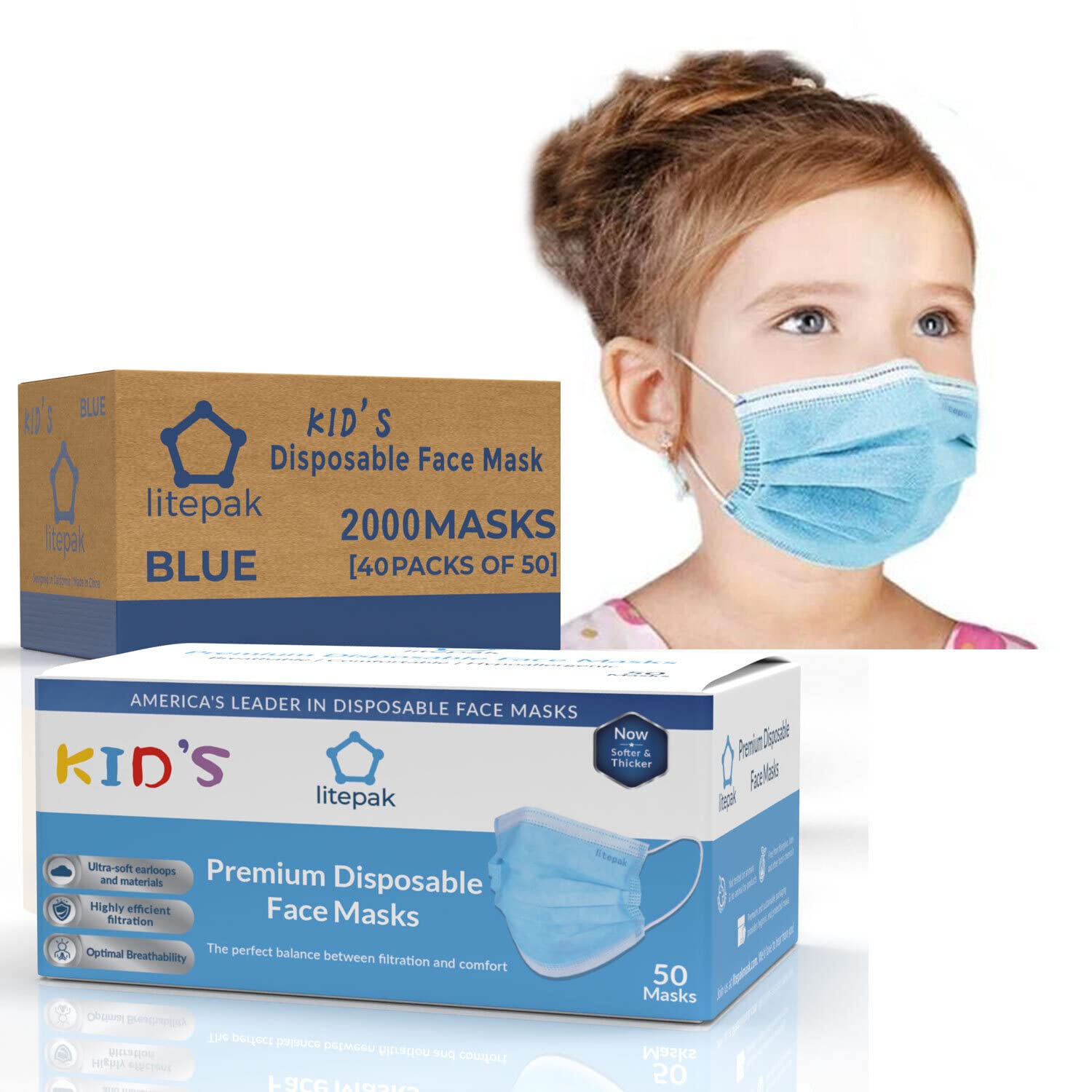 2000pcs Disposable Face Masks for Kids - 3-Ply Breathable Protective Masks for Boys & Girls (Blue) - Perfect for School, Travel, and Daily Outings