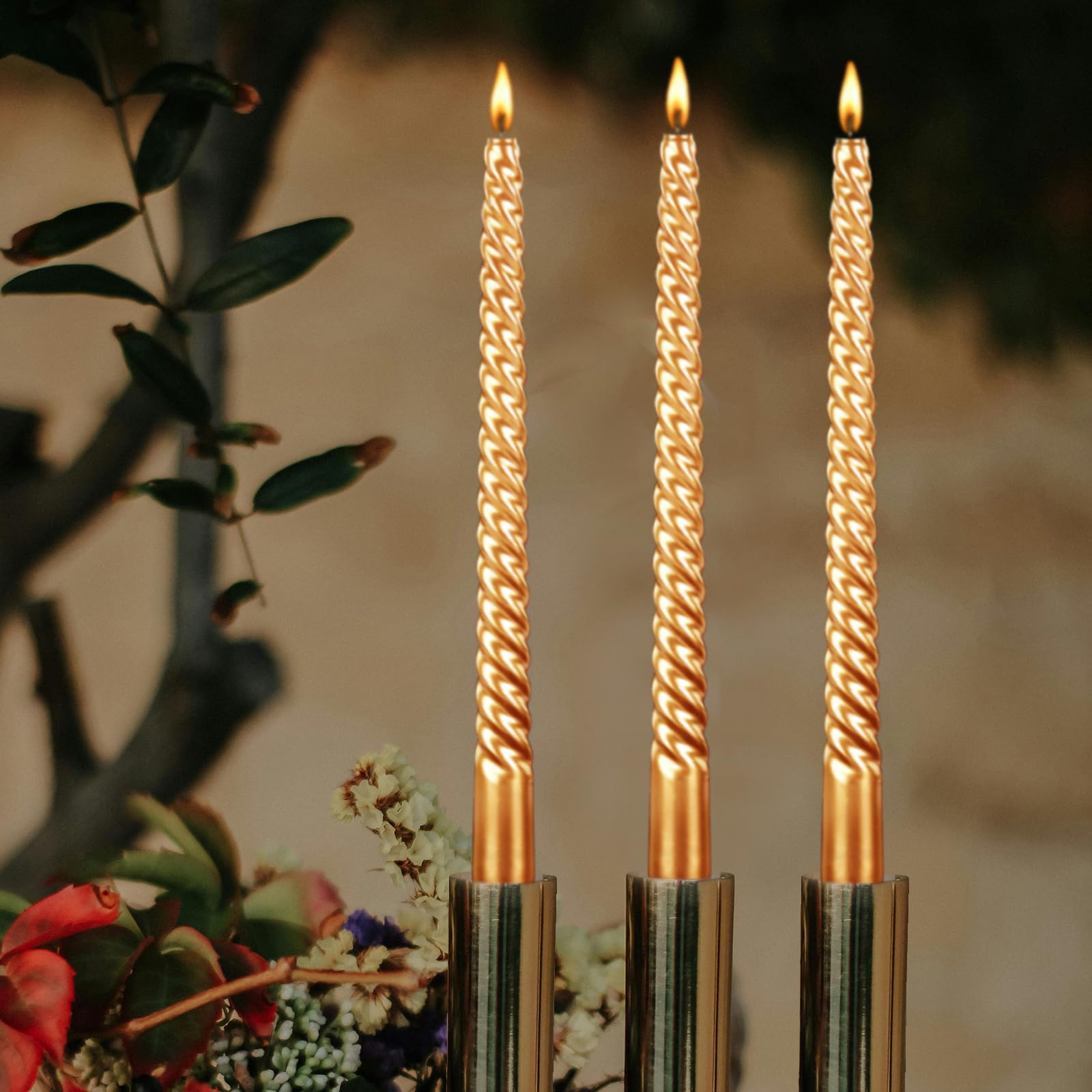 10 Inch Tall Spiral Taper Candles - Set of 12 Long-Lasting (8 Hours) Unscented, Smokeless Tapered Candles - 25cm Golden Candlesticks for Elegant Home Dinners, Romantic Weddings, Halloween Decor & Special Occasions