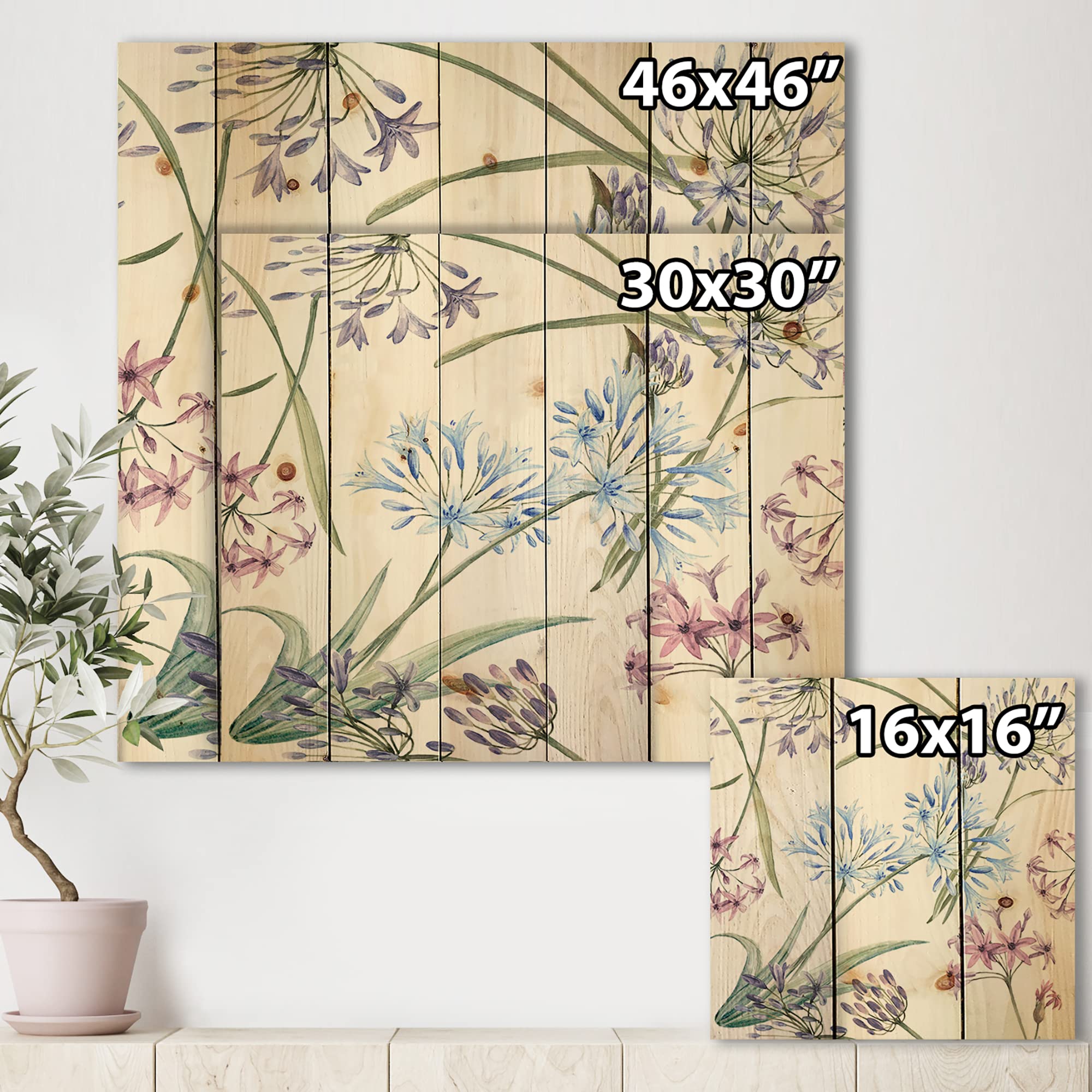 DesignQ Vibrant Summer Wildflowers Traditional Wood Wall Art - Handcrafted Blue Floral Pine Wood Panel Decor for Living Room, Bedroom & Office
